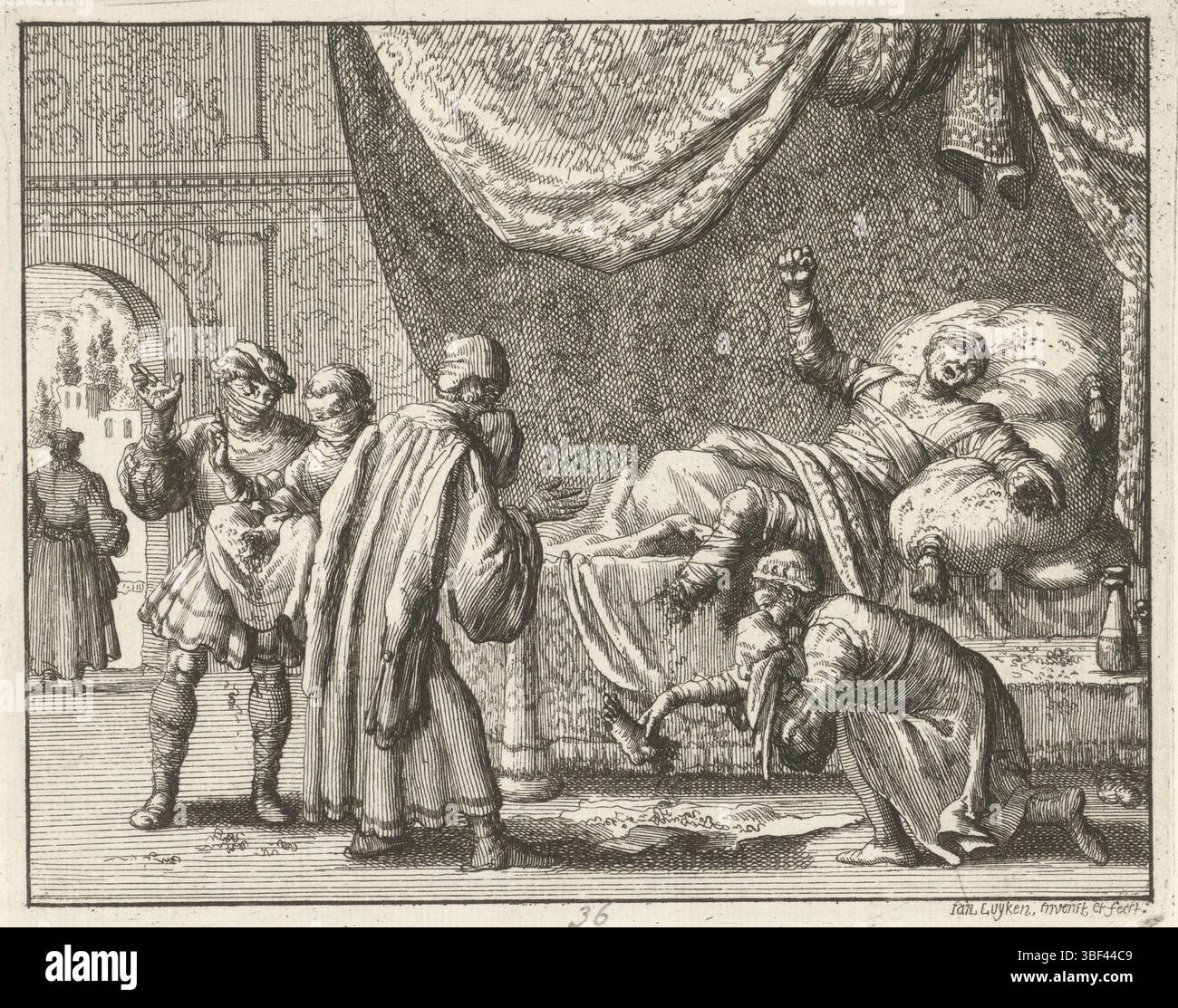 Amsterdam, Oossaan, Aart Dircksz., Amsterdam, Wybrants, Sander, Swart, Witwe Steven, Blom, Joannes, Bergh, Herman van den, Deyster, Jacobus van der, Luyken, Jan, Recto - Handschrift in Bleistift, Druck, Buchillustration, Drucke, Honoricus, könig der Vandalen, stirbt und wird von Würmern gefressen, verso - gestempelt, 36, Höhe 116 mm, Breite 147 mm, Noord-Nederlands, 16. 04. 1649 - 1712.04.05, Drucker, 1685 - 1685, Papier, Ätzen, Werkkonzeption, nach eigenem Entwurf, Publikation (Event), Publikation, Verlag, E.. Stockfoto