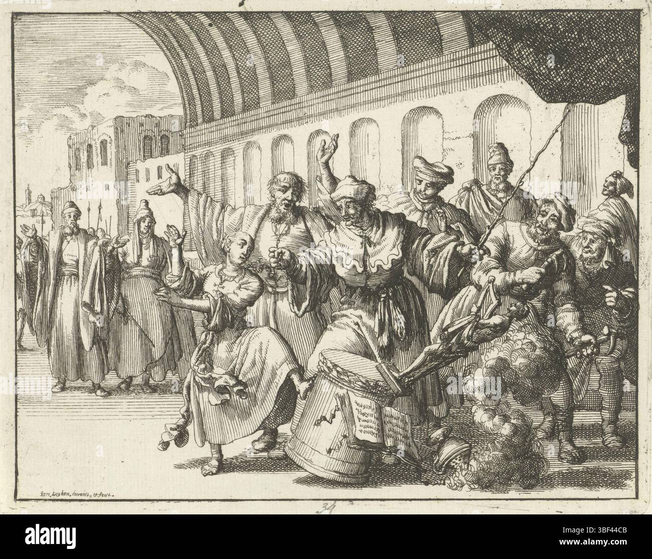 Amsterdam, Oossaan, Aart Dircksz., Amsterdam, Wybrants, Sander, Swart, Witwe Steven, Blom, Joannes, Bergh, Herman van den, Deyster, Jacobus van der, Luyken, Jan, Recto - Handschrift in Bleistift, Druck, Buchillustration, Drucke, Eulalia van Mérida kickt einen heidnischen Altar om, verso - gestempelt, 34, Höhe 117 mm, Breite 149 mm, Noord-Nederlands, 16. 04. 1649 - 05. 04. 1712, Druckerei, 1685 - 1685, Papier, Ätzen, Konzeption, nach eigenem Entwurf, Publikation (Event), Publikation, Verlag, Publikation (Eher, Eher, Ehers usw. Stockfoto