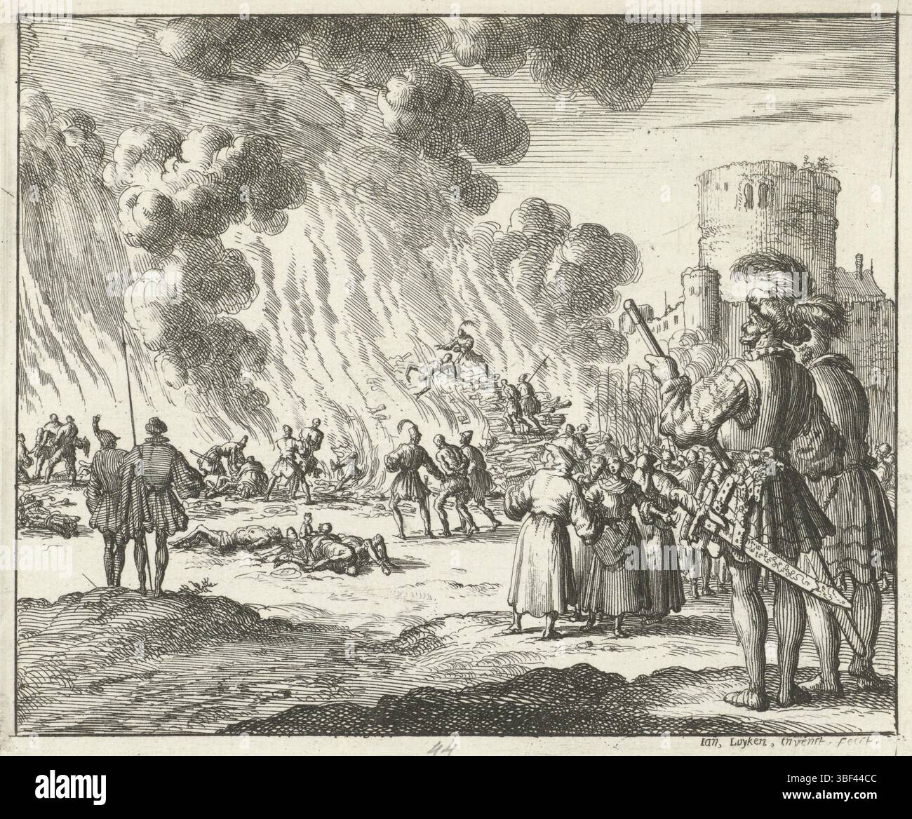 Amsterdam, Oossaan, Aart Dircksz., Amsterdam, Wybrants, Sander, Swart, Witwe Steven, Blom, Joannes, Bergh, Herman van den, Deyster, Jacobus van der, Luyken, Jan, Recto - Handschrift in Bleistift, Druck, Buchillustration, Drucke, 180 Albigenzenzen gebrand, verso - gestanzt, 44, Höhe 118 mm, Breite 140 mm, Noord-Nederlands, 16. April 1649 - 05.04.1712, Druckerei, 1685 - 1685, Papier, Ätzen, etsen, Werkkonzeption, 05.04.1649, nach eigenem Entwurf (Event), Publikation, Verlag, Publikation (Event), Stockfoto