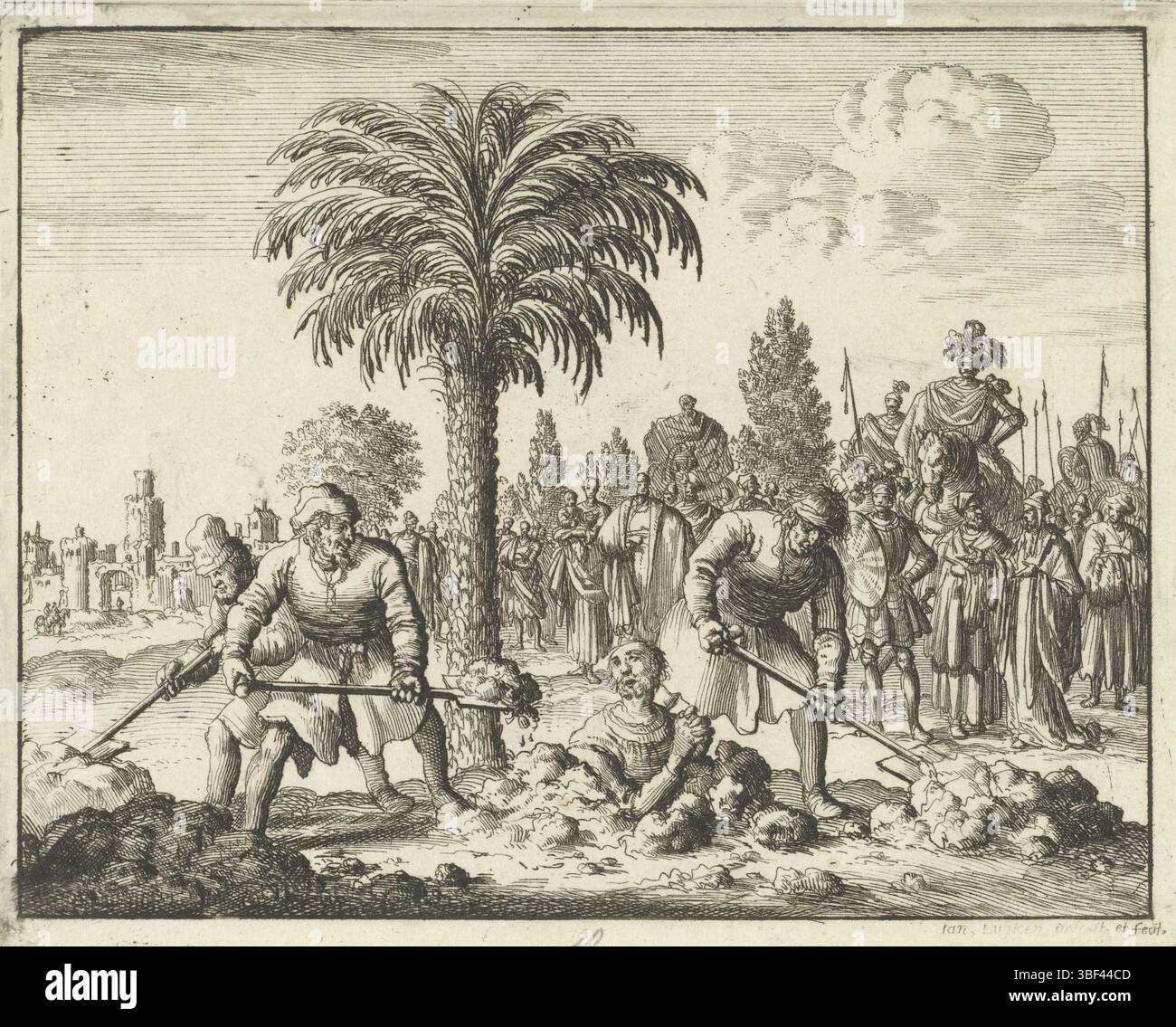 Amsterdam, Oossaan, Aart Dircksz., Amsterdam, Wybrants, Sander, Swart, Witwe Steven, Blom, Joannes, Bergh, Herman van den, Deyster, Jacobus van der, Luyken, Jan, Recto - Handschrift in Bleistift, Druck, Buchillustration, Drucke, Vitalis lebendig begraben, verso - eingestanzt, 20, Höhe 120 mm, Breite 147 mm, Noord-Nederlands, 16. April 1649 - 05.04.1712, Druckerei, 1685 - 1685, Papier, Ätzen, Arbeitskonzeption, nach eigenem Entwurf, Publikation, Verlag, Verlagswesen (Event), Verlagswesen, Stockfoto