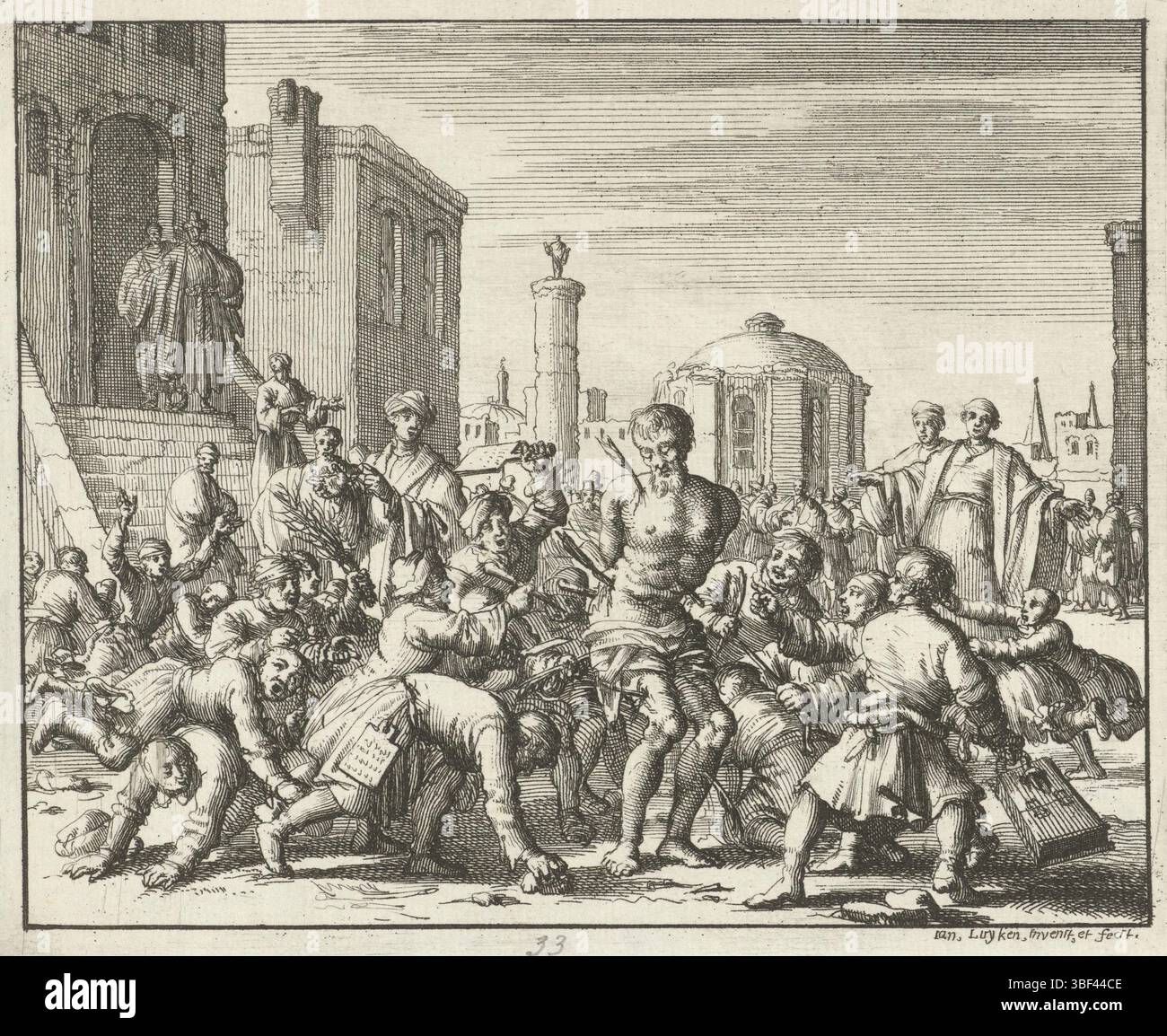 Amsterdam, Oossaan, Aart Dircksz., Amsterdam, Wybrants, Sander, Swart, Witwe Steven, Blom, Joannes, Bergh, Herman van den, Deyster, Jacobus van der, Luyken, Jan, Recto - Handschrift in Bleistift, Druck, Buchillustration, Drucke, Schulmeister Cassianus van Imola von seinen Schülern getötet, rückseitig gestempelt, 33, Höhe 120 mm, Breite 147 mm, Noord-Nederlands, 16. 04. 1649 - 05. 04. 1712, Druckerei, 1685 - 1685, Papier, Ätzen, Werkkonzeption, 16.04.1649, nach eigenem Entwurf, Publikation (Event), Publikation, Verlag, Event, Nederlands Stockfoto