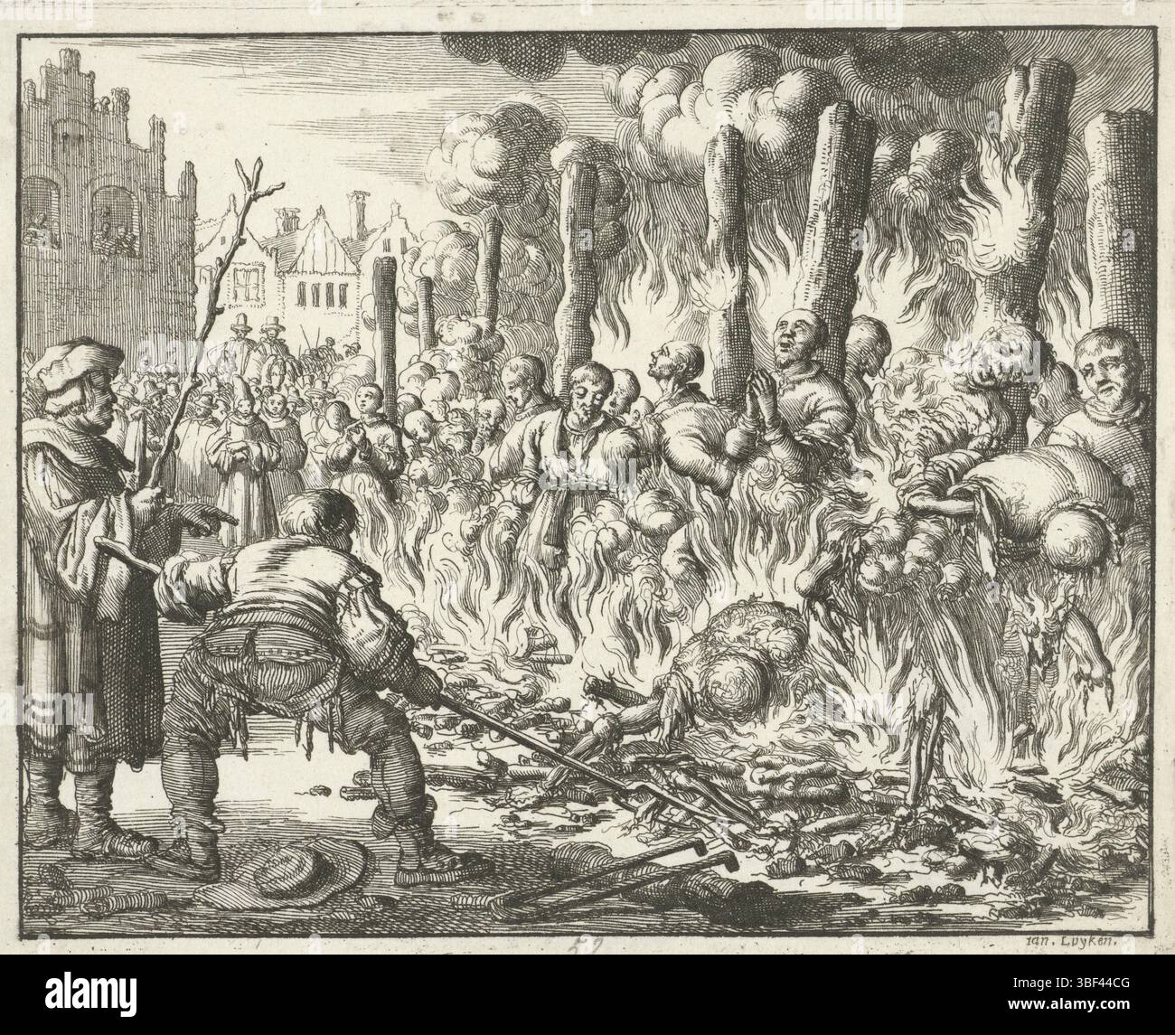 Amsterdam, Oossaan, Aart Dircksz., Amsterdam, Wybrants, Sander, Swart, Witwe Steven, Blom, Joannes, Bergh, Herman van den, Deyster, Jacobus van der, Luyken, Jan, Recto - Handschrift in Bleistift, Druck, Buchillustration, Drucke, achtzehn Hereter in Salzburg verbrannt, 1528, rückwärts - gestempelt, 52, Höhe 115 mm, Breite 145 mm, Noord-Nederlands, 16.04.1649 - 1712-04-05, Druckmaschine, Drucker, 1685 - 1685, Papier, Ätzen, Werkkonzeption, nach eigenem Entwurf, Publikation, Publikation (Event), Veranstaltung Stockfoto