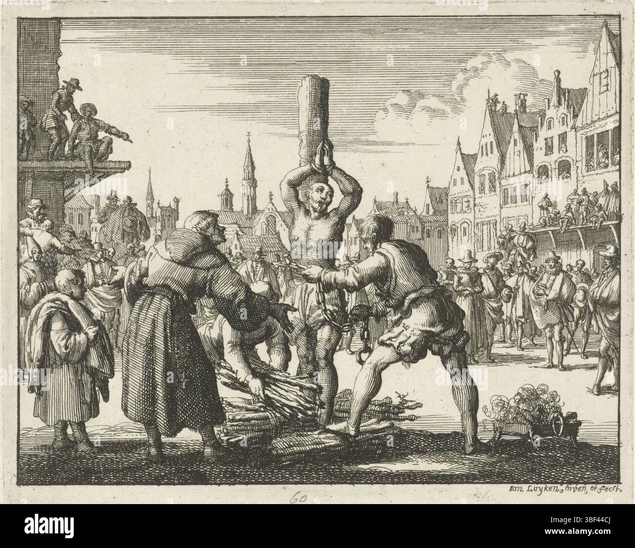 Amsterdam, Oossaan, Aart Dircksz., Amsterdam, Wybrants, Sander, Swart, Witwe Steven, Blom, Joannes, Bergh, Herman van den, Deyster, Jacobus van der, Luyken, Jan, Recto - Handschrift in Bleistift, Druck, Buchillustration, Drucke, Johan Knel at the Stake in London, 1550, rückwärts - gestempelt, 60, Höhe 120 mm, Breite 149 mm, Noord-Nederlands, 16.04.1649 - 1712-04-05, Druckmaschine, Drucker, 1685 - 1685, Papier, Ätzen, Ätzen, Werkkonzeption, 16.04.1649, nach eigenem Entwurf, Publikation (Event), Publikation, Herausgeber, Publikation (Event, Publishing, EHers usw. Stockfoto