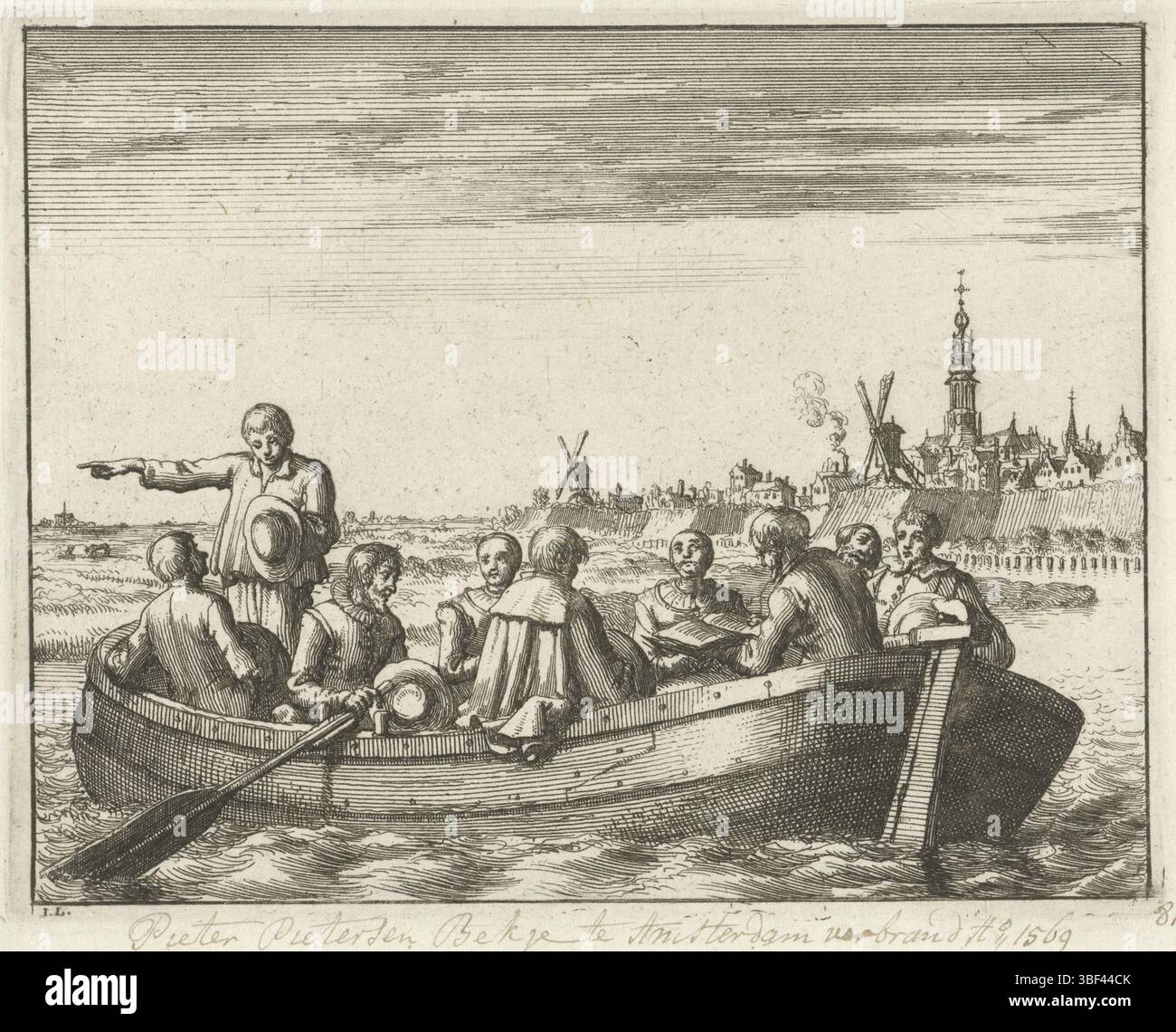 Amsterdam, Oossaan, Aart Dircksz., Amsterdam, Wybrants, Sander, Swart, Witwe Steven, Blom, Joannes, Bergh, Herman van den, Deyster, Jacobus van der, Luyken, Jan, Recto - Handschrift in brauner Tinte, Druck, Buchillustration, Drucke, Pieter Pietersz. Bekjen liest aus der Bibel in einem Lastkahn auf der Amstel vor dem Regulierspoort in Amsterdam, 1569, verso - gestempelt, 81, Recto - Handschrift in brauner Tinte, Pieter Pietersen Ao 1569, Höhe 114 mm, Breite 144 mm, Noord-Nederlands, 16. 04. 1649 - 05. 04. 1712, Druckerei, 1685 - 1685, Papier, Ätzen, Werkkonzeption, nach seinem eigenen Entwurf ist die Publikation (E Stockfoto