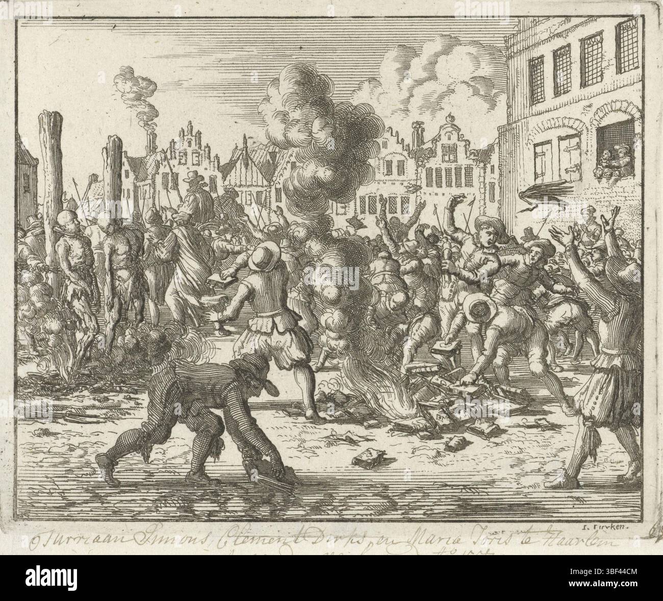 Amsterdam, Oossaan, Aart Dircksz., Amsterdam, Wybrants, Sander, Swart, Witwe Steven, Blom, Joannes, Bergh, Herman van den, Deyster, Jacobus van der, Luyken, Jan, Recto - Handschrift in brauner Tinte, Druck, Buchillustration, Drucke, Bücher des verbrannten Jurriaan Simonsz. Geplündert von den Leuten in Haarlem, 1557, verso-gestempelt, 68, Recto-Handschrift in brauner Tinte, Jurriaan Simons Ao 1557, Höhe 117 mm, Breite 142 mm, Noord-Nederlands, 16. 04. 1649 - 05. 04. 1712, Drucker, 1685 - 1685, Papier, Ätzen, Ätzen, Arbeitskonzeption, nach eigenem Entwurf, Publikation (Event), Publikation, Verlag, Stockfoto