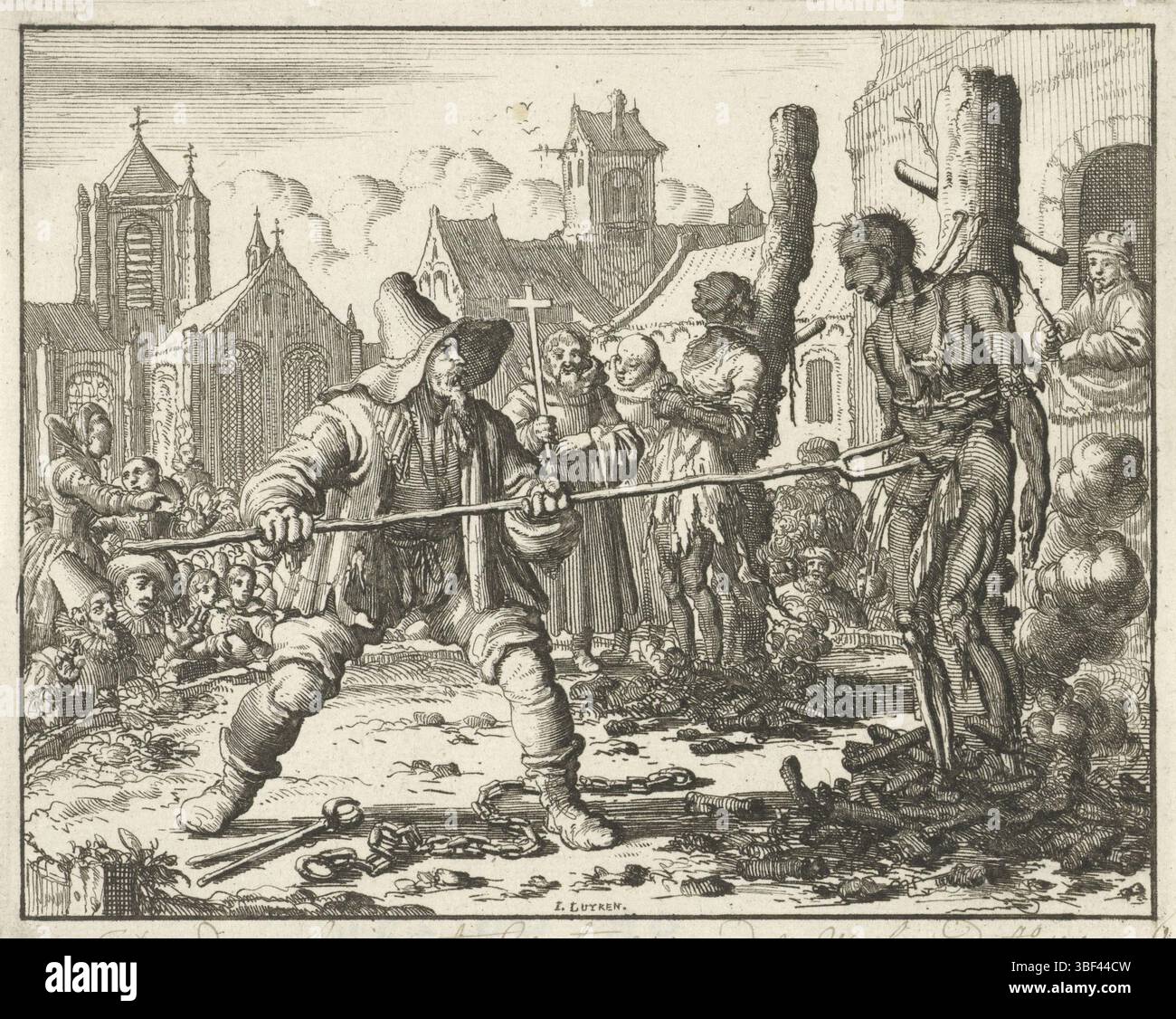 Amsterdam, Oossaan, Aart Dircksz., Amsterdam, Wybrants, Sander, Swart, Witwe Steven, Blom, Joannes, Bergh, Herman van den, Deyster, Jacobus van der, Luyken, Jan, Recto - Handschrift in brauner Tinte, Druck, Buchillustration, Drucke, verbrannte Leichen von David und Levina in Gent, 1554, vero - gestempelt, 65, David and Ao 1554, Höhe 117 mm, Breite 146 mm, Noord-Nederlands, 16. 04. 1649 - 1712-04-05, Druckmaschine, Druckmaschine, 1685 - 1685, Papier, Ätzen, Werkkonzeption, 16.04.1649, nach eigenem Entwurf, Publikation, Publikation (E) Stockfoto