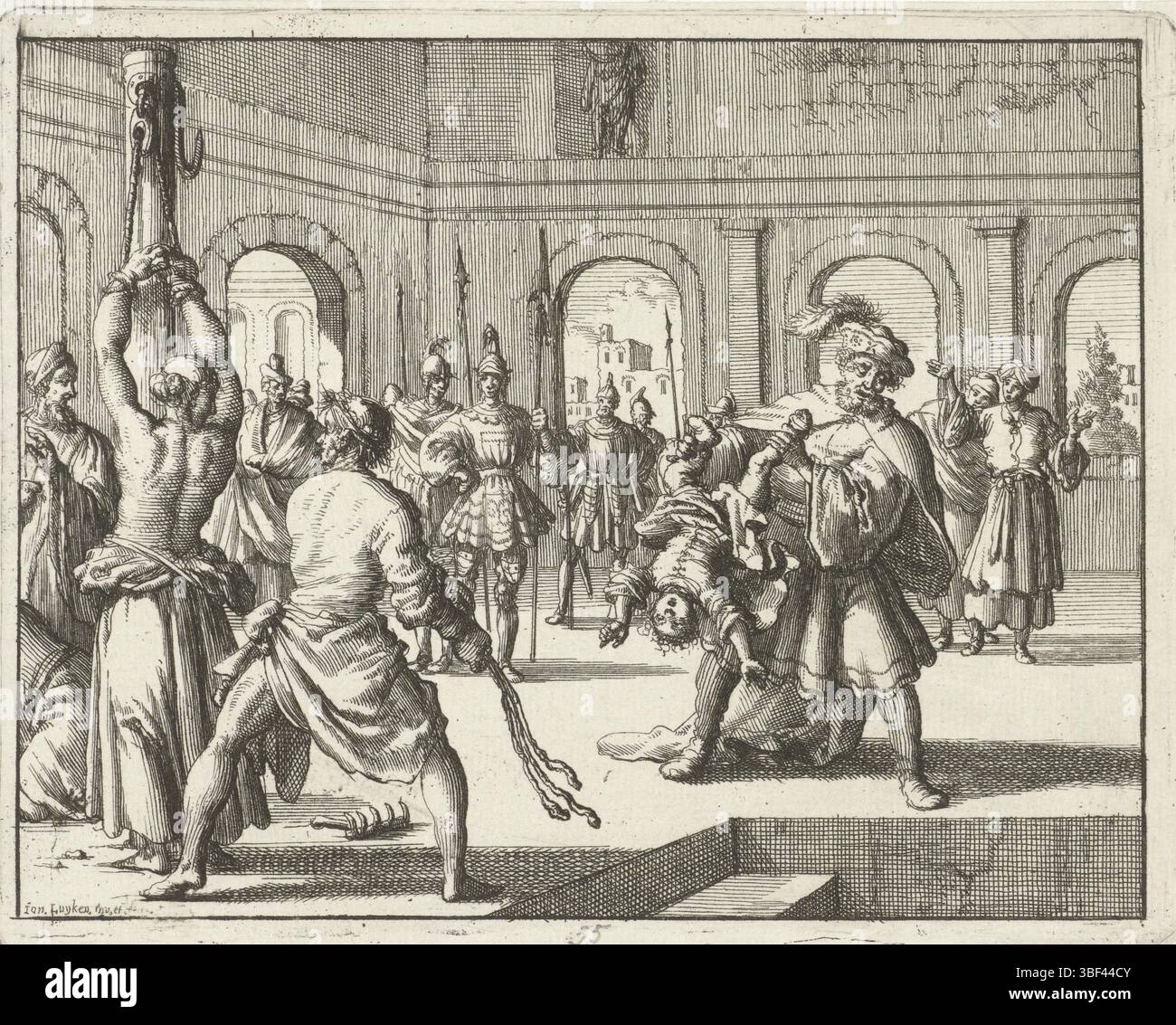 Amsterdam, Oossaan, Aart Dircksz., Amsterdam, Wybrants, Sander, Swart, Witwe Steven, Blom, Joannes, Bergh, Herman van den, Deyster, Jacobus van der, Luyken, Jan, Recto - Handschrift mit Bleistift, Druck, Buchillustration, Drucke, Julitta van Iconia erschlug, während ihr Kind getötet wird, rückseitig gestempelt, 35, Höhe 117 mm, Breite 149 mm, Noord-Nederlands, 16. 04. 1649 - 05. 04. 1712, Druckerei, Druckerei, 1685 - 1685, Papier, Ätzen, Werkkonzeption, nach eigenem Entwurf, Publikation (Event), Publikation, Verlag, Publikation (Eher, Eher, Ehers, Ehers. Stockfoto