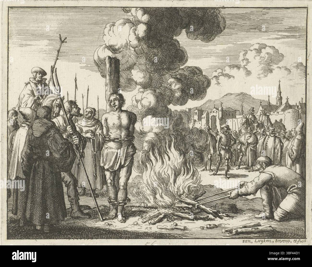 Amsterdam, Oossaan, Aart Dircksz., Amsterdam, Wybrants, Sander, Swart, Witwe Steven, Blom, Joannes, Bergh, Herman van den, Deyster, Jacobus van der, Luyken, Jan, Recto - Handschrift in Bleistift, Druck, Buchillustration, Drucke, Leonhard Bernkopff für den Scheiterhaufen, 1542, vero - gestempelt, 56, Höhe 121 mm, Breite 149 mm, Noord-Nederlands, 16.04.1649 - 1712-04-05, Druckmaschine, 1685 - 1685, Papier, Ätzen, Work Conception, nach eigenem Entwurf, Veröffentlichung, Publikation (Event), Veranstaltung, Stockfoto