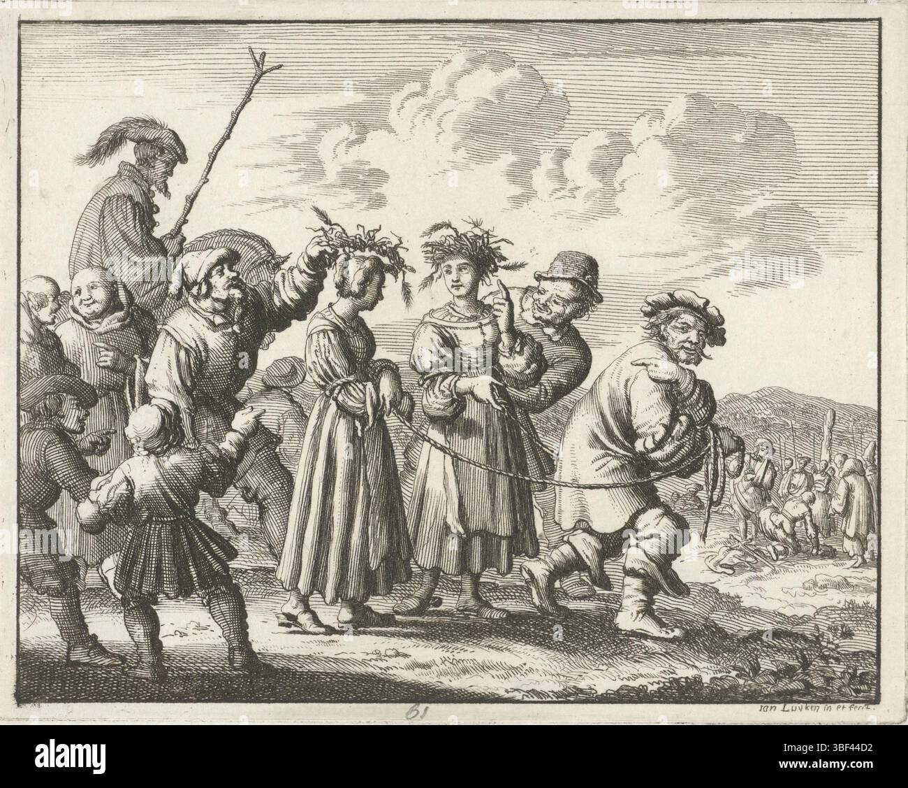 Amsterdam, Oossaan, Aart Dircksz., Amsterdam, Wybrants, Sander, Swart, Witwe Steven, Blom, Joannes, Bergh, Herman van den, Deyster, Jacobus van der, Luyken, Jan, Recto - Handschrift in Bleistift, Druck, Buchillustration, Drucke, zwei Mädchen in Bamberg, die dem Scheiterhaufen zugeführt werden, 1550, rückwärts - gestempelt, 61, Höhe 115 mm, Breite 145 mm, Noord-Nederlands, 16.04.1649 - 1712-04-05, Druckmaschine, Drucker, 1685 - 1685, Papier, Ätzen, Werkkonzeption, 1649-04-16, nach eigenem Entwurf, Publikation (Event), Publikation, Herausgeber, Publikation (Event, Veröffentlichung usw. Stockfoto