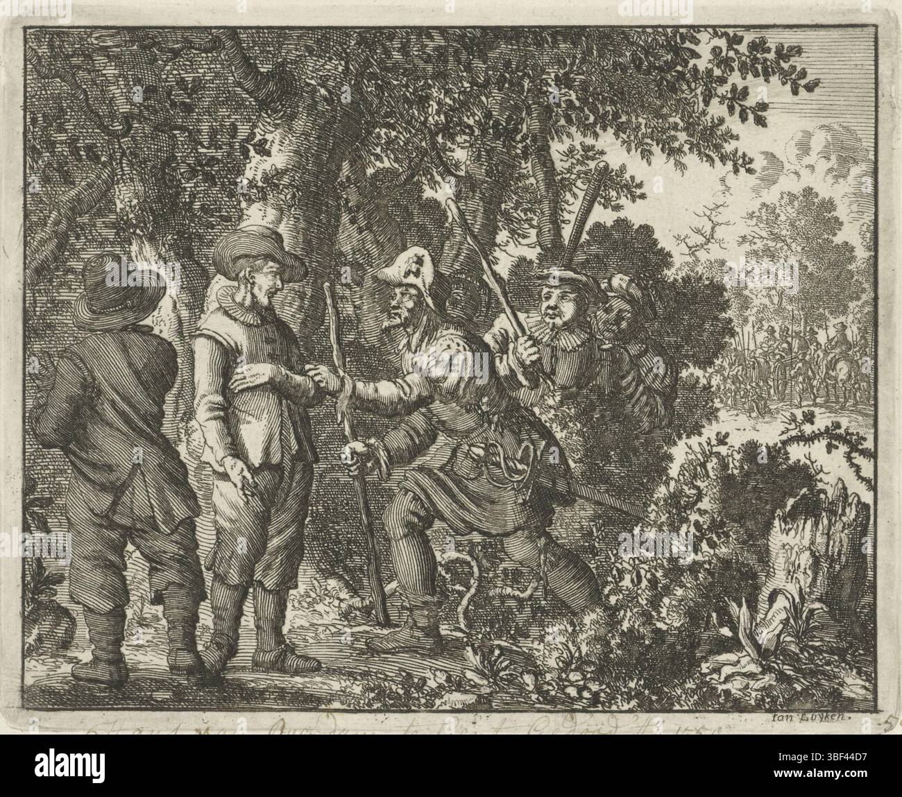 Amsterdam, Oossaan, Aart Dircksz., Amsterdam, Wybrants, Sander, Swart, Witwe Steven, Blom, Joannes, Bergh, Herman van den, Deyster, Jacobus van der, Luyken, Jan, Recto - Handschrift in brauner Tinte, Druck, Buchillustration, Drucke, Hans van Overdam in einem Wald bei Gent, 1550, vero - gestempelt, 59, Hans van Ao 1550, Höhe 115 mm, Breite 142 mm, Noord-Nederlands, 16. 04. 1649 - 1712. 04. 05, Druckerei, 1685 - 1685, Papier, Ätzen, Werkkonzeption, 16.04.1649, je nach eigenem Entwurf, eigener Veröffentlichung usw. Stockfoto