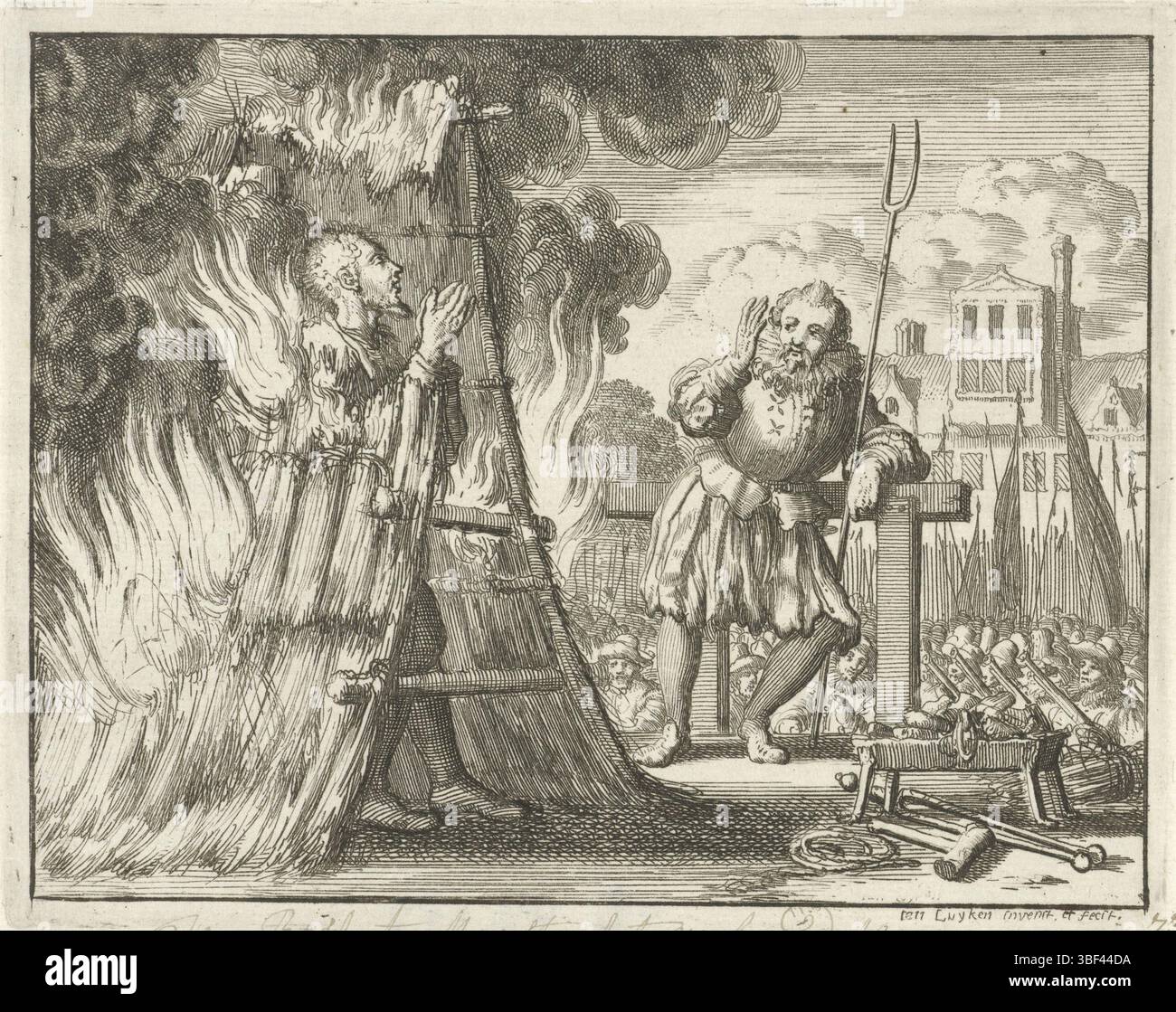 Amsterdam, Oossaan, Aart Dircksz., Amsterdam, Wybrants, Sander, Swart, Witwe Steven, Blom, Joannes, Bergh, Herman van den, Deyster, Jacobus van der, Luyken, Jan, Recto - Handschrift in brauner Tinte, Druck, Buchillustration, Drucke, Jan Bosch, Maastricht gebrannt, 1559, verso - gestempelt, 73, Jan Bosch Ao 1559, Höhe 117 mm, Breite 145 mm, Noord-Nederlands, 16. 04. 1649 - 1712-04-05, Drucker, 1685 - 1685, Papier, Ätzen, Ätzen, Arbeitskonzeption, 05.04.1649, nach eigenem Entwurf, Publikation (Event, Publishing, NL Stockfoto