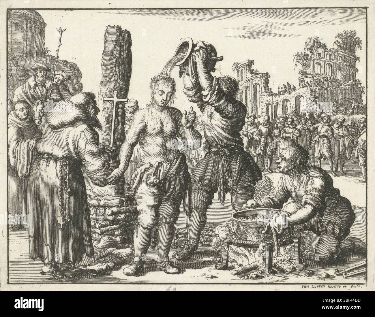 Amsterdam, Oossaan, Aart Dircksz., Amsterdam, Wybrants, Sander, Swart, Witwe Steven, Blom, Joannes, Bergh, Herman van den, Deyster, Jacobus van der, Luyken, Jan, Recto - Handschrift in Bleistift, Druck, Buchillustration, Drucke, Algerien, ein Student in Padua, für den Scheiterhaufen mit kochendem Öl übergossen, 1557, verso gestempelt, 69, Höhe 114 mm, Breite 146 mm, Noord-Nederlands, 16.04.1649 - 1712-04-05, Druckmaschine, 1685 - 1685, Papier, Ätzen, Ätzen, Arbeitskonzeption, 1649-04-04-05, nach eigenem Entwurf, Veröffentlichung (Ereignis), Veröffentlichung, Veröffentlichung (Ereignis usw.) Stockfoto