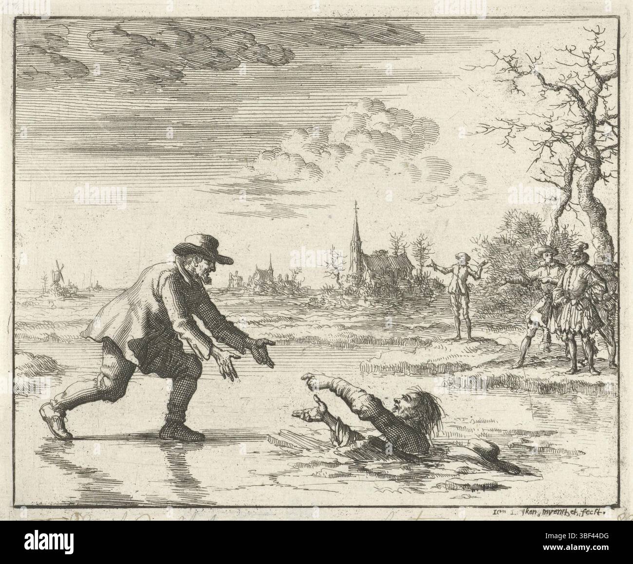 Amsterdam, Oossaan, Aart Dircksz., Amsterdam, Wybrants, Sander, Swart, Witwe Steven, Blom, Joannes, Bergh, Herman van den, Deyster, Jacobus van der, Luyken, Jan, Recto - Handschrift in brauner Tinte, Druck, Buchillustration, Drucke, Dirk Willemsz. Rettet seinen Gefolgsmann aus dem Eis bei Asperen, 1569, verso gestempelt, 82, Frederik Wilhelm Ao 1569, Höhe 118 mm, Breite 141 mm, Noord-Nederlands, 16. 04. 1649 - 05. 04. 1712, Drucker, 1685 - 1685, Papier, Ätzen, Ätzen, Werkkonzeption, nach eigenem Entwurf, Publikation (Event), Publikation, Verlag Stockfoto