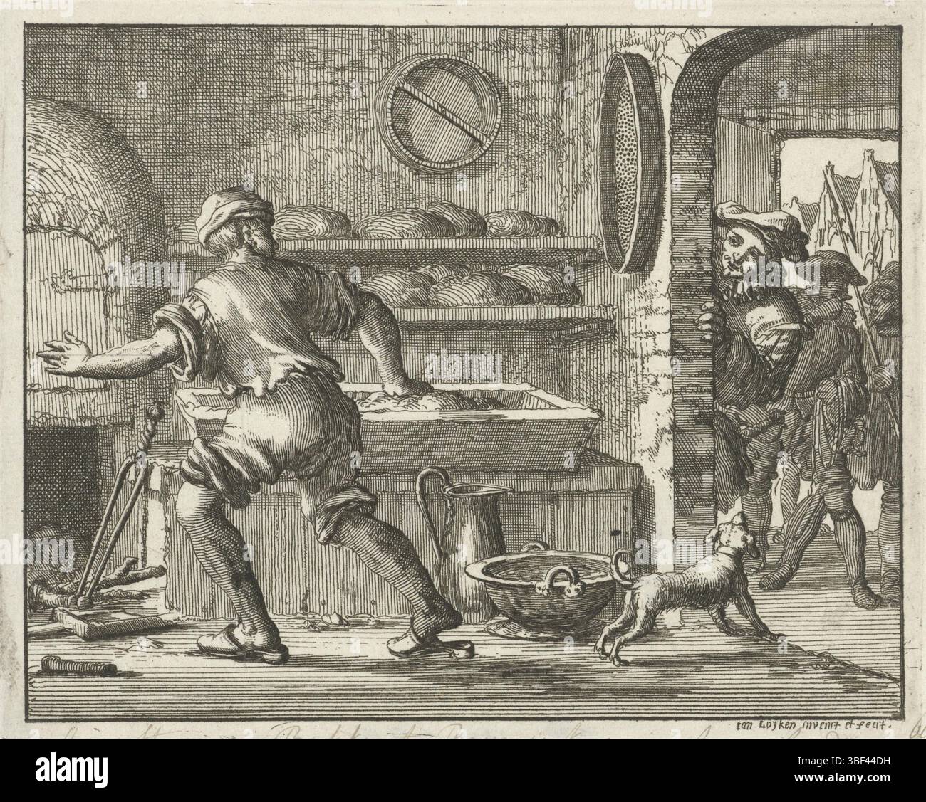 Amsterdam, Oossaan, Aart Dircksz., Amsterdam, Wybrants, Sander, Swart, Witwe Steven, Blom, Joannes, Bergh, Herman van den, Deyster, Jacobus van der, Luyken, Jan, Recto - Handschrift in brauner Tinte, Druck, Buchillustration, Drucke, Verhaftung von Augustijn de Backer in seiner Bäckerei, 1556, vero - gestempelt, 66, Augustijn een Ao 1556, Höhe 115 mm, Breite 143 mm, Noord-Nederlands, 1649 16.4-16 - 1712-04-05, Druckerei, 1685 - 1685, Papier, Ätzen, Werkkonzeption, 16.04.1649, je nach eigenem Entwurf, eigener Veröffentlichung usw. Stockfoto