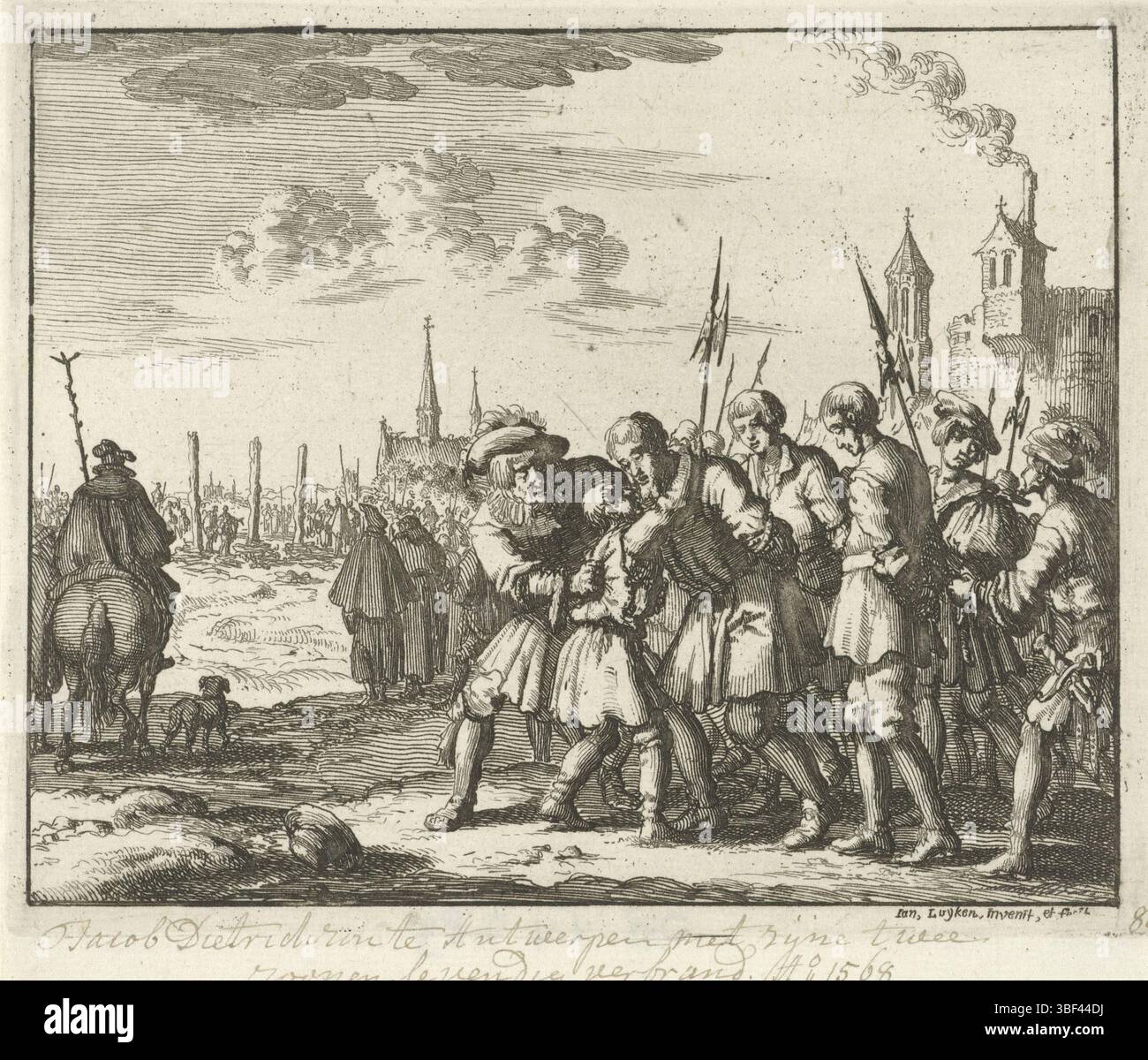 Amsterdam, Oossaan, Aart Dircksz., Amsterdam, Wybrants, Sander, Swart, Witwe Steven, Blom, Joannes, Bergh, Herman van den, Deyster, Jacobus van der, Luyken, Jan, Recto - Handschrift in brauner Tinte, Druck, Buchabbildung, Drucke, Jacob Dirksz. Mit seinen beiden Söhnen in Antwerpen auf dem Scheiterhaufen, 1568, verso-gestempelt, 80, Jacob Dirksz Ao 1568, Höhe 115 mm, Breite 142 mm, Noord-Nederlands, 16. 04. 1649 - 05. 04. 1712, Drucker, 1685 - 1685, Papier, Ätzen, Ätzen, Arbeitskonzeption, nach eigenem Entwurf, Publikation (Event), Publikation, Verlag, Stockfoto