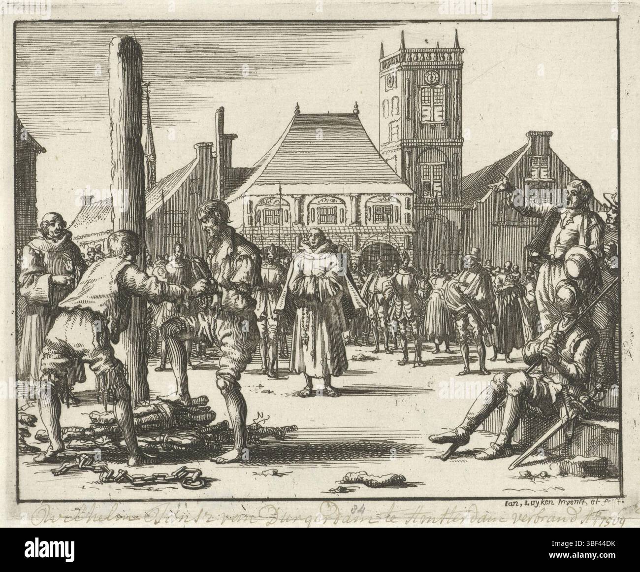 Amsterdam, Oossaan, Aart Dircksz., Amsterdam, Wybrants, Sander, Swart, Witwe Steven, Blom, Joannes, Bergh, Herman van den, Deyster, Jacobus van der, Luyken, Jan, Recto - Handschrift in brauner Tinte, Druck, Willem Jansz. Besteigung des Scheiterhaufens von Amsterdam, 1569, verso - gestempelt, 84, Willem Jansz Ao 1570, Höhe 114 mm, Breite 143 mm, Noord-Nederlands, 16. 04. 1649 - 05. 04. 1712, Drucker, 1685 - 1685, Papier, Ätzen, Konzeption, 1729-04, Veröffentlichung usw. Stockfoto