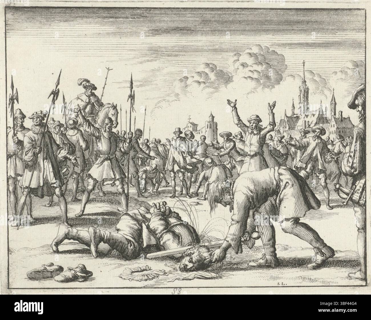 Amsterdam, Oossaan, Aart Dircksz., Amsterdam, Wybrants, Sander, Swart, Witwe Steven, Blom, Joannes, Bergh, Herman van den, Deyster, Jacobus van der, Luyken, Jan, Recto - Handschrift in Bleistift, Druck, Buchillustration, Drucke, Wolfgang Pinder te Schardingen behoofd, 1571, vero - gestempelt, 88 Höhe 115 mm, Breite 147 mm, Noord-Nederlands, 16. 04. 1649 - 1712-04-05, Druckerei, 1685 - 1685, Papier, Ätzen, Werkkonzept, nach eigenem Entwurf, Publikation (Event), Publikation, Verlag, Event Stockfoto