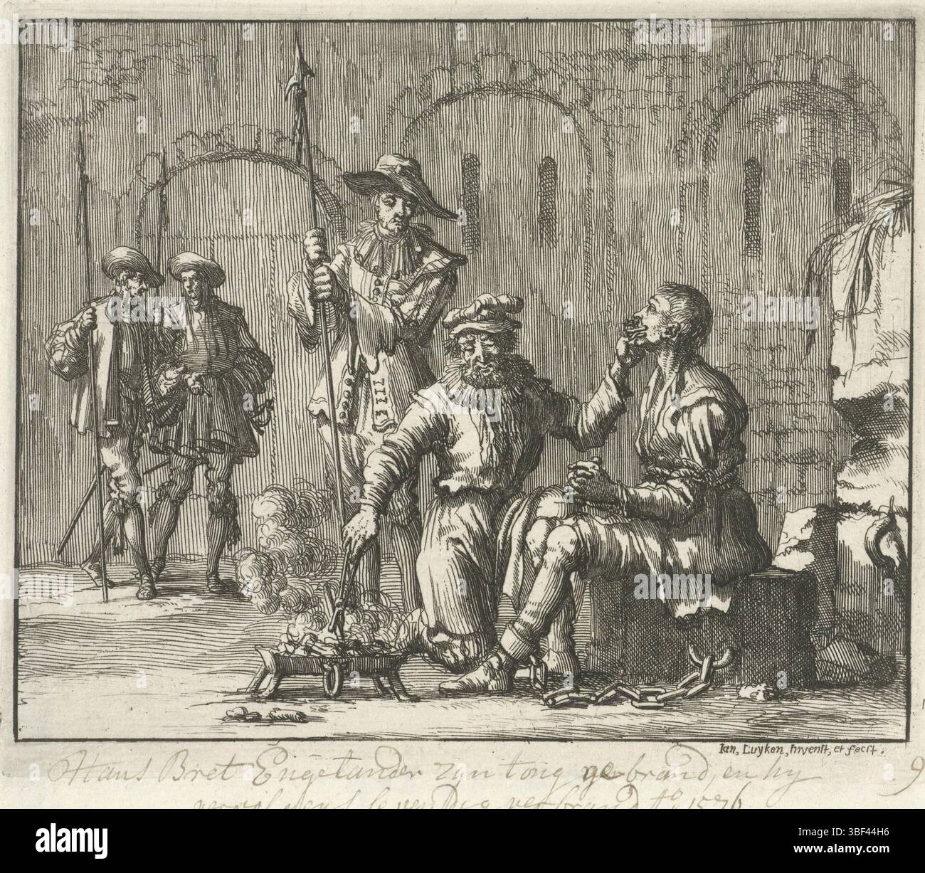 Amsterdam, Oossaan, Aart Dircksz., Amsterdam, Wybrants, Sander, Swart, Witwe Steven, Blom, Joannes, Bergh, Herman van den, Deyster, Jacobus van der, Luyken, Jan, Recto - Handschrift in brauner Tinte, Druck, Buchabbildung, Drucke, an Hans Bret wird die Zunge in Antwerpen durchbohrt, 1576, vero - gestempelt, 98, Hans Bret Ao 1576, Höhe 119 mm, Breite 142 mm, Noord-Nederlands, 16. 04.1649, 1712.04.05, Druckerei, 1685 - 1685, Papier, Ätzen, Werkkonzeption, 16.04.1649, nach eigenem Entwurf, Publikation, Publikation, herausgegeben von E.. Stockfoto