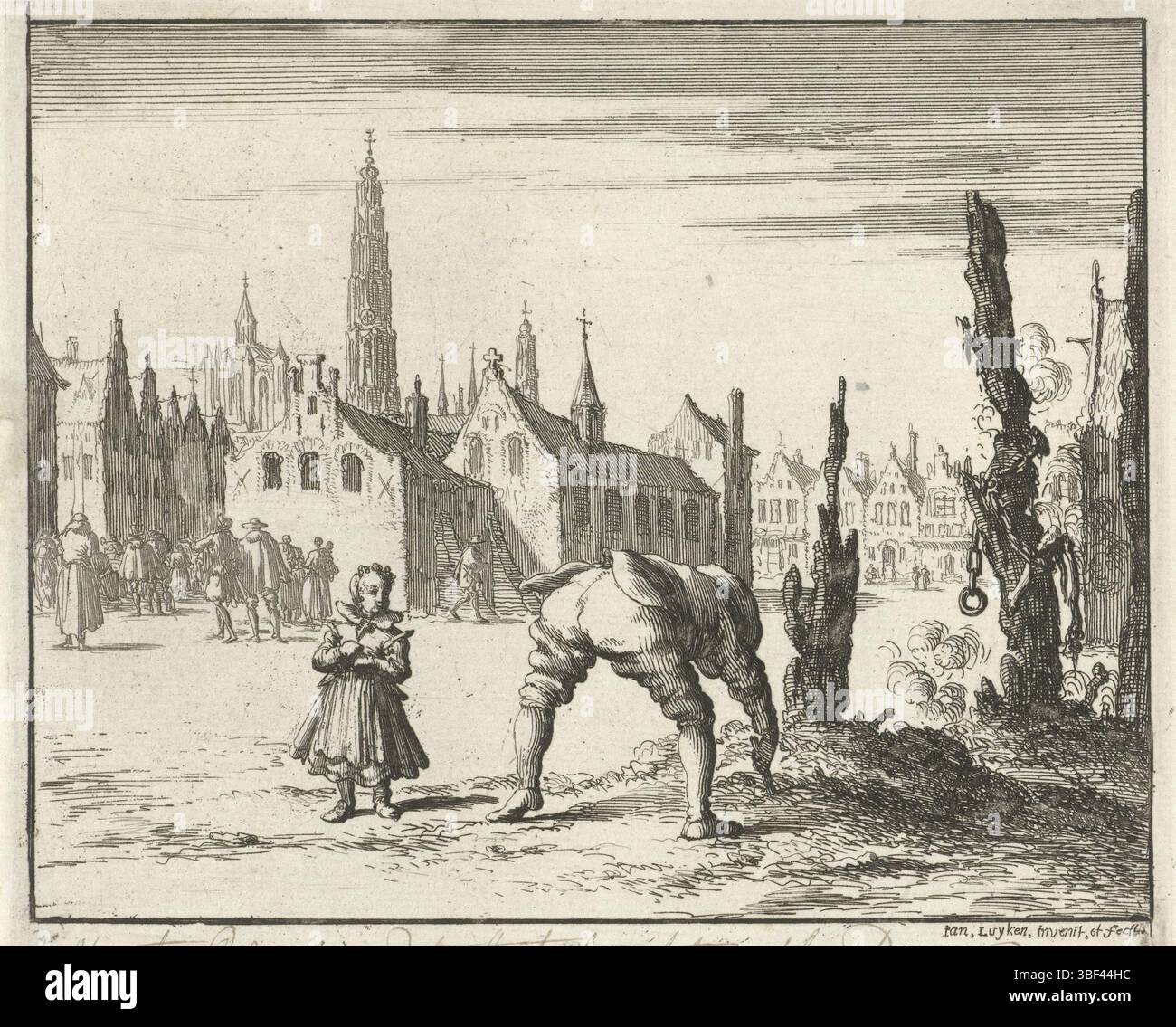 Amsterdam, Oossaan, Aart Dircksz., Amsterdam, Wybrants, Sander, Swart, Witwe Steven, Blom, Joannes, Bergh, Herman van den, Deyster, Jacobus van der, Luyken, Jan, Recto - Handschrift in brauner Tinte, Druck, Buchillustration, Drucke, Sohn des Mayken verbrannt in Antwerpen Wens sucht in der Achse die Mundschraube, die von seiner Mutter gebaut wurde, 1573, verso - gestempelt, 95, Mayke Wens Ao 1573, Höhe 121 mm, Breite 143 mm, Noord-Nederlands, 16.4-16 - 1712-04-05, 1649, Druckerei, 1685 - 1685, Papier, Ätzen, Werkkonzeption, nach seinem eigenen Entwurf, Publikation (Event), Publikation, Verlag, Verlag Stockfoto