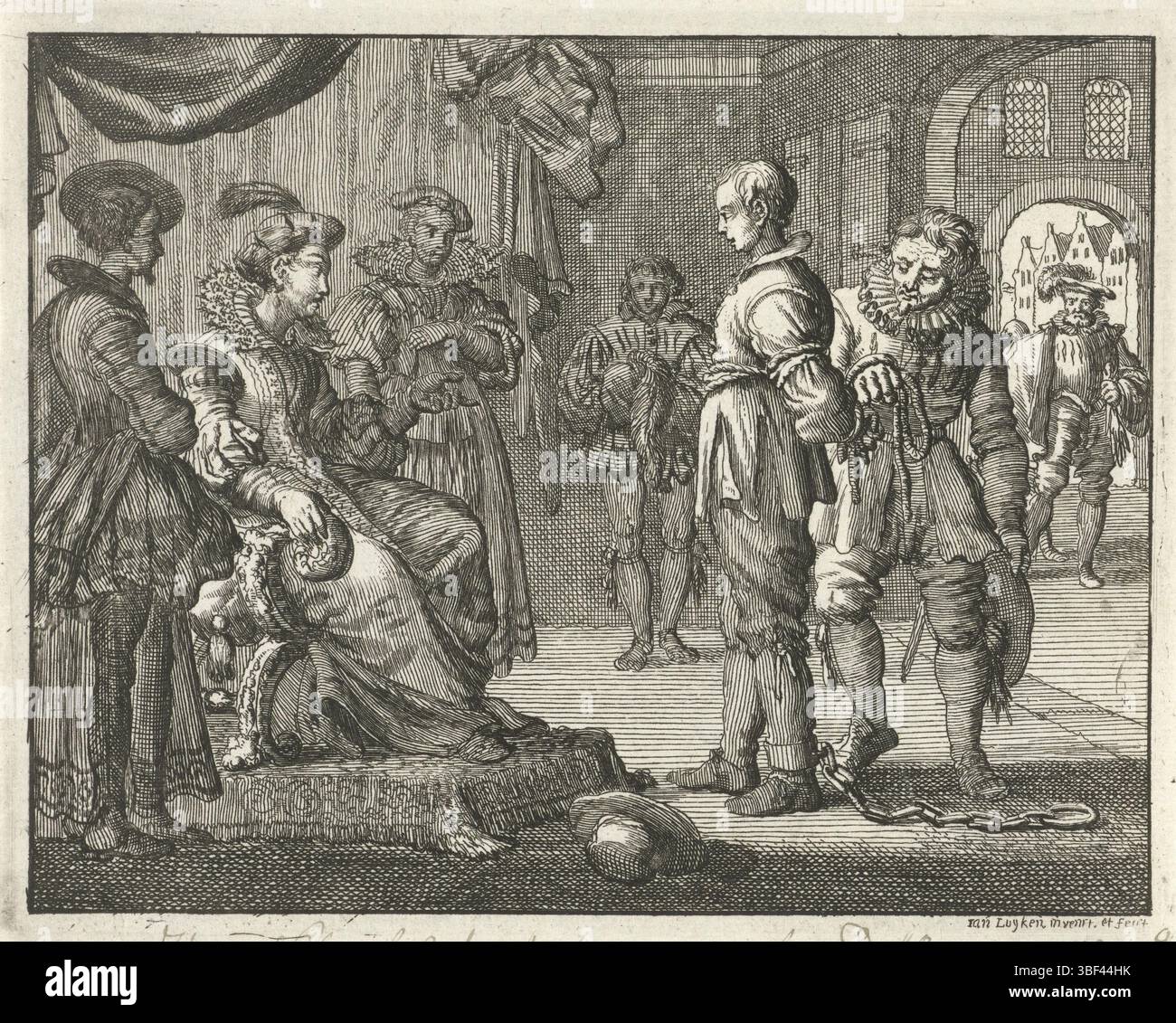 Amsterdam, Oossaan, Aart Dircksz., Amsterdam, Wybrants, Sander, Swart, Witwe Steven, Blom, Joannes, Bergh, Herman van den, Deyster, Jacobus van der, Luyken, Jan, Recto - Handschrift in brauner Tinte, Druck, Buchillustration, Drucke, Hans Knevel, Antwerpen, 1572, rückwärts - gestempelt, 93, rückwärts - Handschrift in Bleistift, Ao 1572, Höhe 116 mm, Breite 146 mm, Noord-Nederlands, 16. April 1649 - 05.04.1712, Druckerei, 1685 - 1685, Papier, Ätzen, etsen, Werkkonzeption, 05.04.1649, nach eigenem Entwurf, Publikation, Veranstaltung usw. Stockfoto