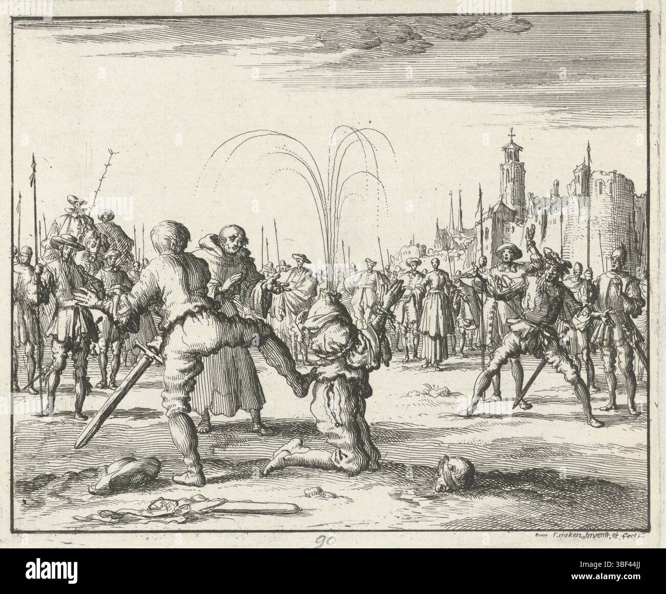 Amsterdam, Oossaan, Aart Dircksz., Amsterdam, Wybrants, Sander, Swart, Witwe Steven, Blom, Joannes, Bergh, Herman van den, Deyster, Jacobus van der, Luyken, Jan, Recto - Handschrift in Bleistift, Druck, Buchillustration, Drucke, Hans Misel, Warthausen Bohne, 1571, vero - gestanzt, 90, Höhe 114 mm, Breite 139 mm, Noord-Nederlands, 16.04.1649 - 1712-04-05, Druckmaschine, Drucker, 1685 - 1685, Papier, Ätzen, Arbeitskonzept, nach eigenem Entwurf, Publikation, Publikation (Event), Event Stockfoto