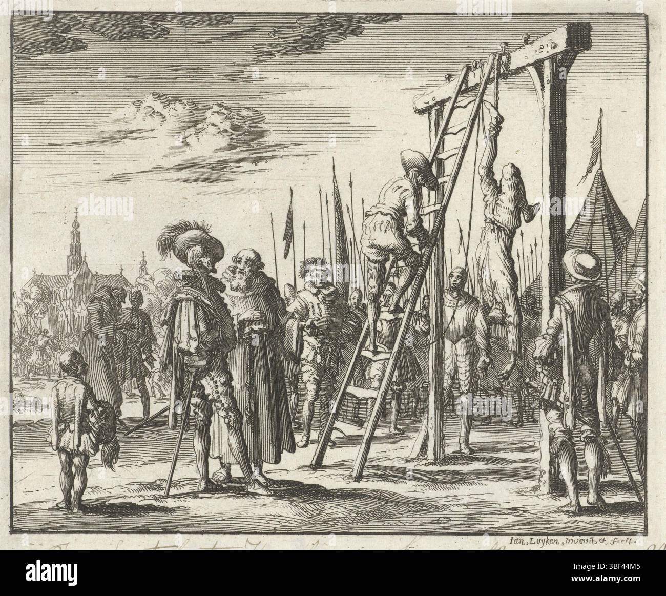 Amsterdam, Oossaan, Aart Dircksz., Amsterdam, Wybrants, Sander, Swart, Witwe Steven, Blom, Joannes, Bergh, Herman van den, Deyster, Jacobus van der, Luyken, Jan, Recto - Handschrift in brauner Tinte, Druck, Buchillustration, Drucke, Jan Smit te Haarlem, auf einem Bein gehängt, 1572, vero - gestempelt, 94, Jan Smit Ao 1572, Höhe 121 mm, Breite 141 mm, Noord-Nederlands, 16. 04. 1649 - 1712-04-05, Druckmaschine, Druckmaschine, 1685 - 1685, Papier, Ätzen, etsen, Werkkonzeption, 05.04.1649, nach eigenem Entwurf, Publikation, Publikation (E) Stockfoto