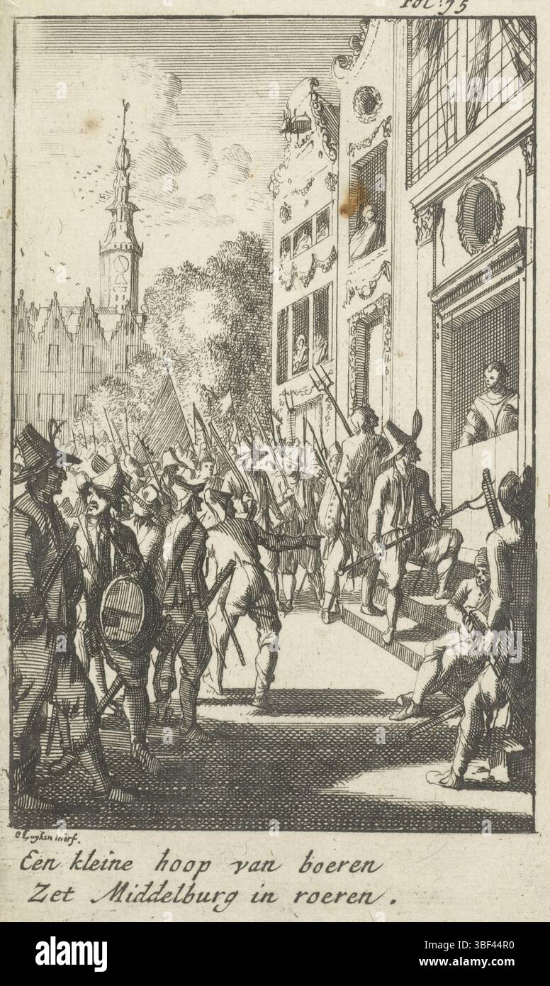 Amsterdam, Hoorn, Jan Claesz Ten, Luyken, Caspar, Amsterdam, Angriff auf das Haus von Bürgermeister Van den Brande von rebellischen Bauern, 1672, Recto - Handschrift in brauner Tinte, Prent oben rechts markiert: fol: 75. Am Rand ein zweizeiliger Vers., drucken, Buchabbildung, drucken, 1672. Middelburg O. Strijd, Höhe 94 mm, Breite 154 mm, Noord-Nederlands, 1672-12-18 - 1708-10-04, Druckerei, 1692 - 1692, Papier, Ätzen, Werkkonzeption, nach eigenem Entwurf, Publikation (Event), Publikation, 1639–1715, Verlag Stockfoto
