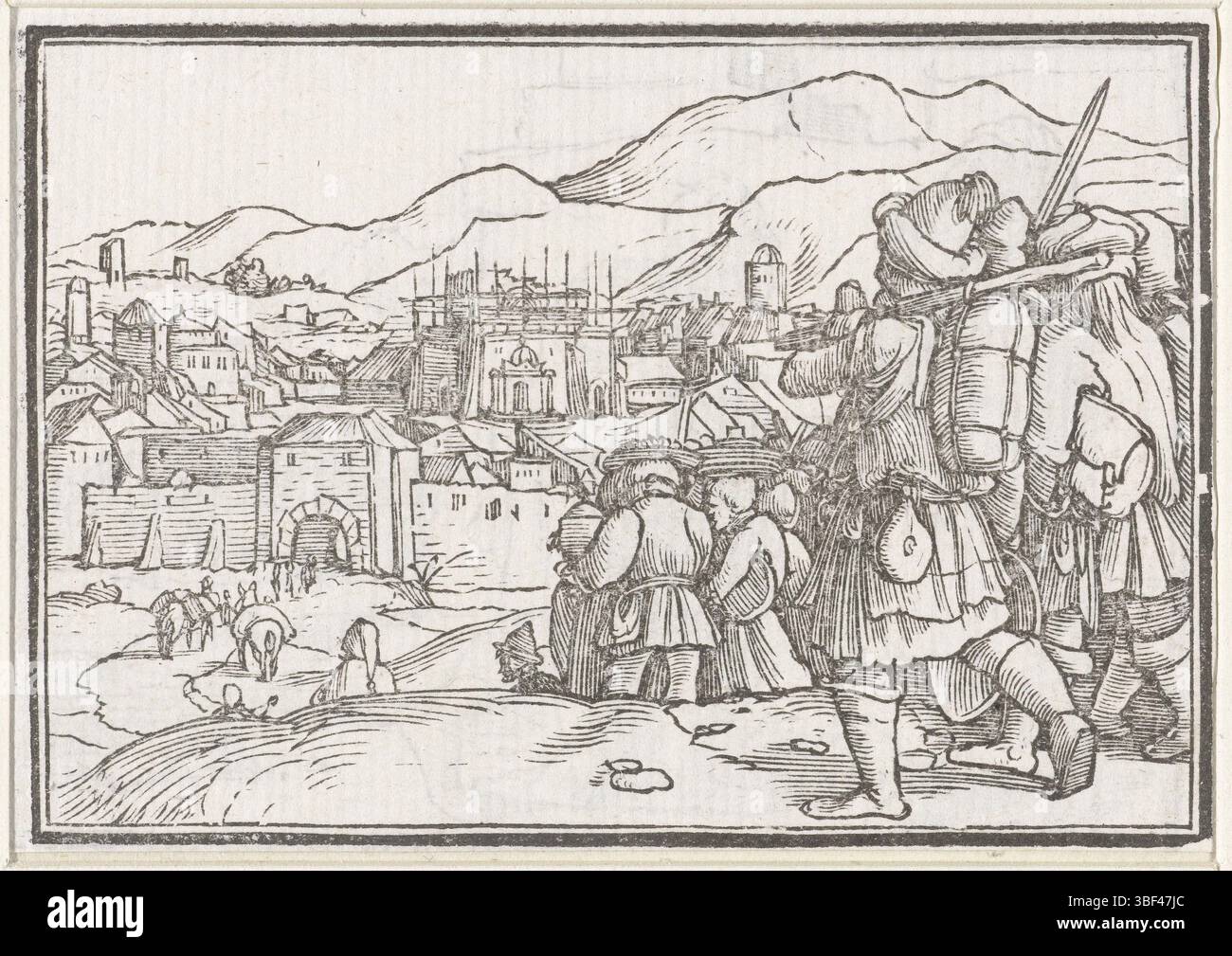 Specklin, Veit Rudolf, Holbein, Hans (II), Rückkehr der Bewohner Jerusalems aus dem Exil, Bürger von Jerzalem sind auf dem Weg in ihre Stadt, wo der Wiederaufbau des Tempels bereits begonnen hat. Am Rand über dem Bild befindet sich der Text Esdrae I [Ezra 2]., Druck, Buchabbildung, Drucke, Höhe 60 mm, Breite 85 mm, Höhe 84 mm, Breite 98 mm, Deutsch, 1498 - 1543-11-29, Druckerei, 1538 - 1538, zweites Viertel 16. Jahrhundert, Papier, Holzschnitt, Französisch - 1550, Blockschneider Stockfoto