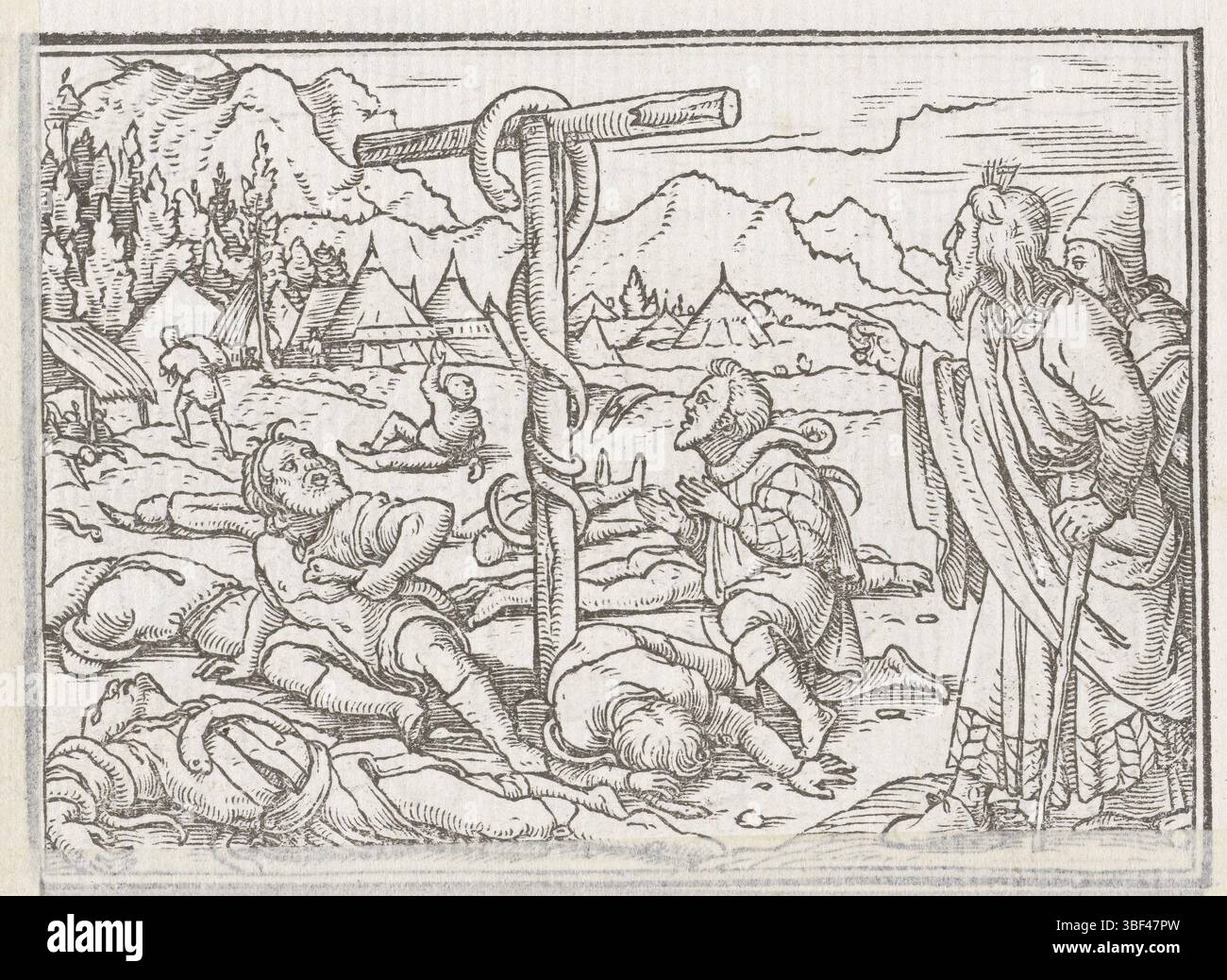 Specklin, Veit Rudolf, Holbein, Hans (II), Gründer der Messingschlange, die unzufriedenen Israeliten werden mit einer Plage von Giftschlangen bestraft. Sie sind auf dem Boden, gebissen von den Schlangen. Moses und Aaron stehen auf der rechten Seite eines tau-förmigen Stabes mit einer Messingschlange, die das Volk wieder heilen würde. Am Rand über dem Bild befindet sich der Text Nvmeri XXI., Print, Book Illustration, Prints, Höhe 60 mm, Breite 85 mm, Höhe 84 mm, Breite 98 mm, Deutsch, 1498 - 1543-11-29, Druckerei, 1538 - 1538, zweites Viertel 16. Jahrhundert, Papier, Holzschnitt, Französisch - 1550, Blockschneider Stockfoto