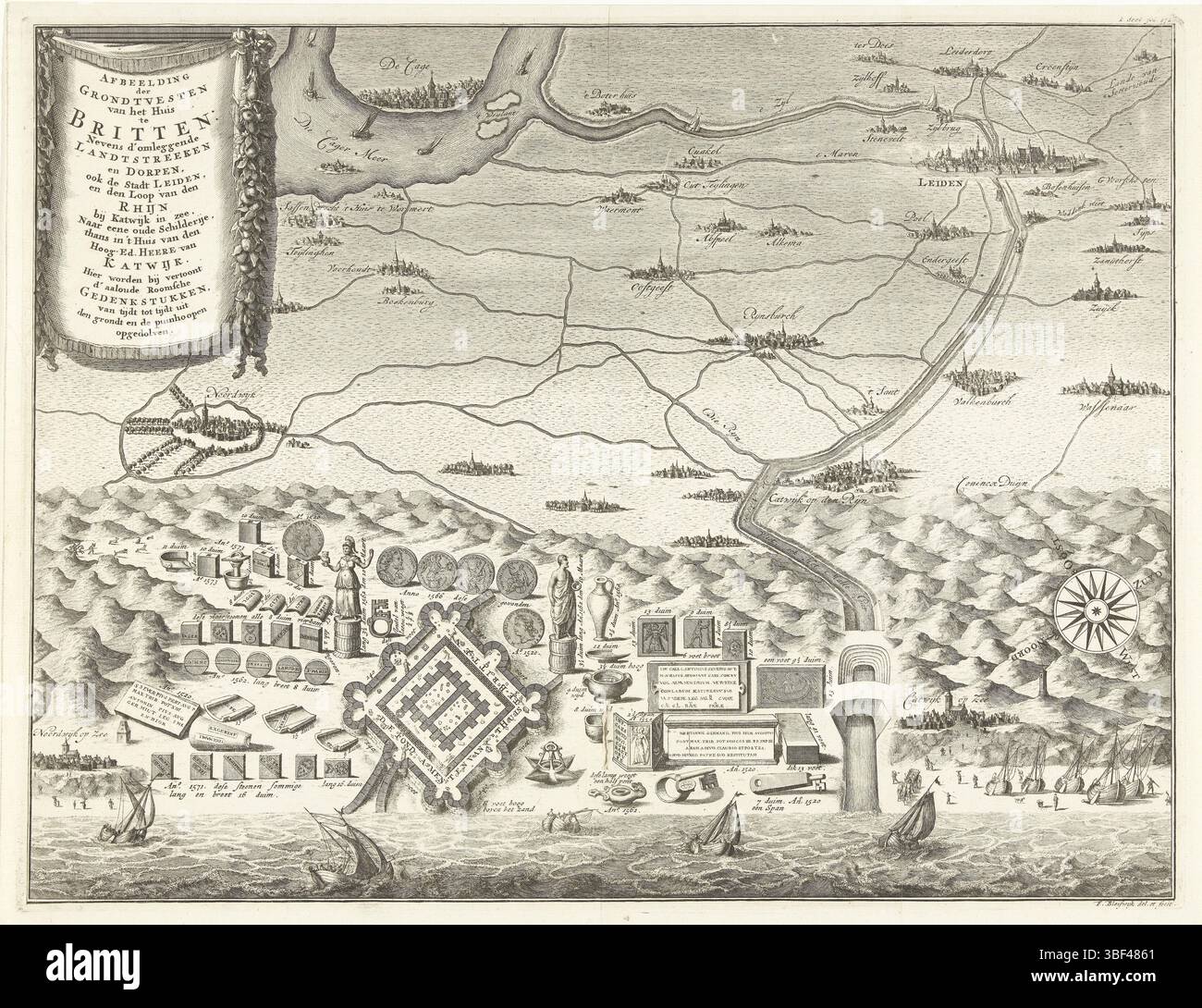 Unbekannt, Bleyswijck, Francois van, Leiden, de Brittenburg bei Katwijk, Bild der Fundamente gruben die Ruinen, Fundamente des sogenannten Hauses Britten oder Bretten und Ausgrabungen römischer Utensilien bei Katwijk aan Zee, unbekannt, verso Mitte unten - gestempelt, Fundamente des sogenannten Hauses Britten oder Bretten und Ausgrabungen römischer Utensilien bei Katwijk aan Zee. Diese Überreste wurden 1520 gefunden, waren aber nach heutiger Ansicht die Überreste eines römisch-karolingischen Leuchtturms. Die Fundamente sind auf einer Karte dargestellt, die die Dünenreihe entlang der niederländischen Küste und die Orte im Vicinit zeigt Stockfoto