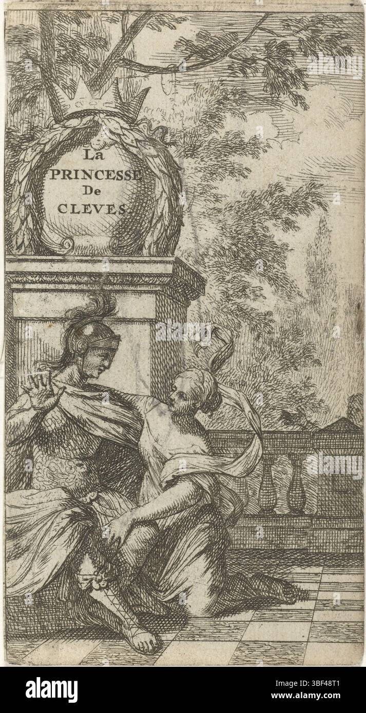 Lubienitzki Theodor, Homepage für: M. La Fayette, La Princesse de Cleves, 1679, Frau kniet für Mann auf einer Grenze, verso - gestempelt, auf einer Grenze kniet eine Frau mit offenen Armen für einen Mann. Dieser hält seine Hand., Druck, Titelseite, Drucke, Höhe 121 mm, Breite 65 mm, 1653 - 1729, Printmaker, 1679 - 1679, Papier, Ätzen, Ätzen Stockfoto