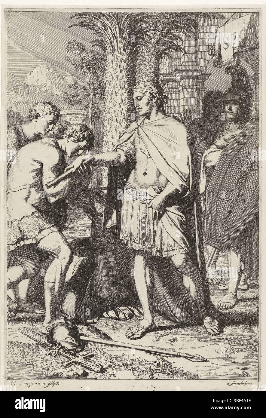 Lairesse, Gerard de, Amsterdam, Lairesse, Prinzip der römischen Politik, Veldheer gibt besiegten Kriegern Gnade, verso - gestempelt, zwei besiegten Kriegern erbarmen sich von einem römischen Kommandanten. Sie küssen seine Hand, die ein Zepter hält. Dieser Druck veranschaulicht den ersten Teil des von Vergilius eingeführten Grundprinzips der römischen Politik: Parcere subiectis, sed debellare superbos (Vergilius, Aeneis 6,853). Nach diesem Grundsatz würden diejenigen, die ihm unterliegen, verschont, aber diejenigen, die sich weiterhin widersetzten, wurden vernichtet. Anhänger eines Abdrucks auf dem zweiten Teil dieser Regel, Druck, Höhe 312 mm, Stockfoto