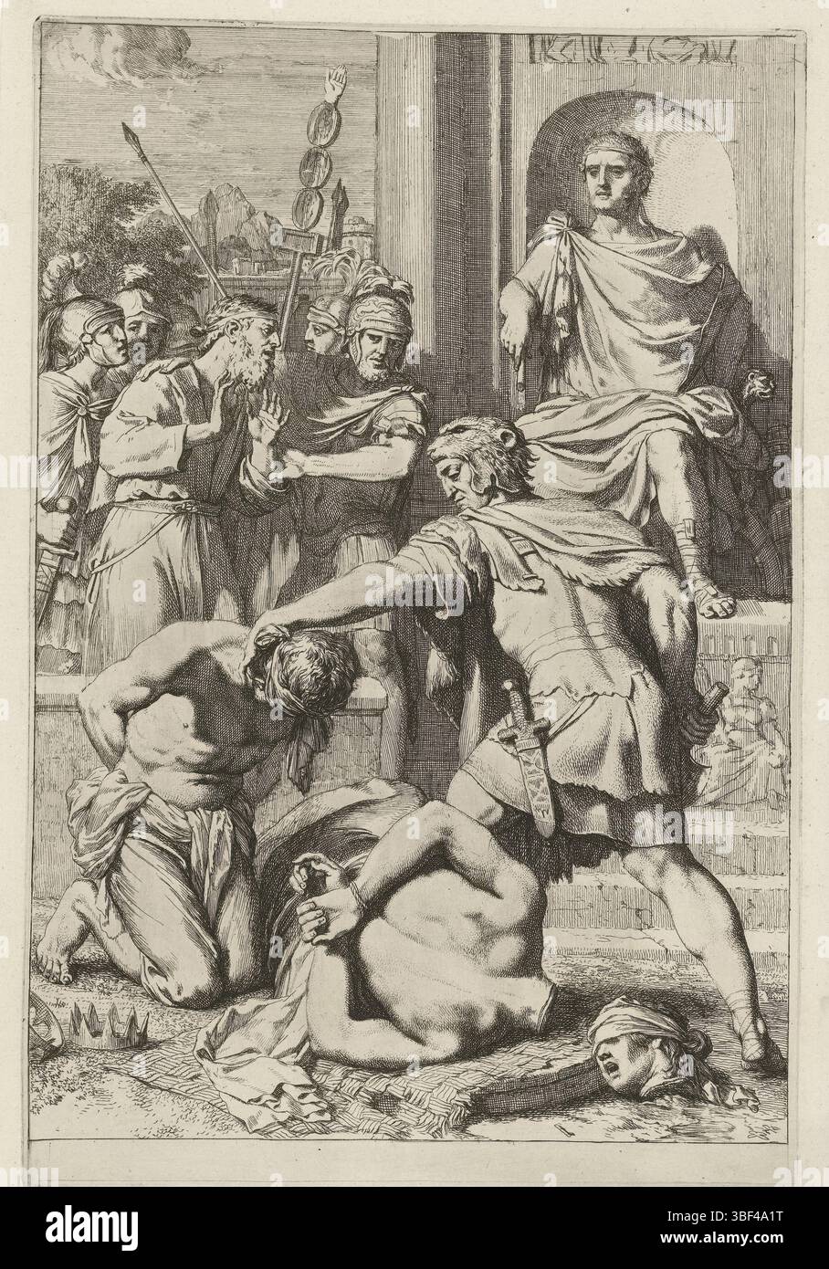 Lairesse, Gerard, das Grundprinzip der römischen Politik, enthauptet zwei Könige auf Befehl eines römischen Kaisers, Vers - gestempelt, von seinem Thron ein römischer Kaiser befahl einem Henker, einen König mit verbundenen Augen zu enthaupten. Der Kopf des zweiten Königs ist bereits auf dem Boden abgeschnitten. Neben dem Kaiser wird ein bettelnder Mann von Soldaten aufgehalten. Dieser Druck veranschaulicht den zweiten Teil des von Vergilius eingeführten Grundprinzips der römischen Politik: Parcere subiectis, sed debellare superbos (Vergilius, Aeneis 6,853). Nach diesem Grundsatz würden diejenigen, die ihm unterliegen, verschont, aber diejenigen, die es weiterhin taten Stockfoto