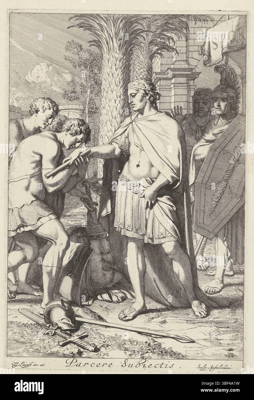 Lairesse, Gerard de, Amsterdam, Lairesse, Prinzip der römischen Politik, Parcere Subiectis, Veldheer gibt besiegten Kriegern Gnade, verso - gestempelt, zwei besiegten Kriegern erbarmen sich von einem römischen Kommandanten. Sie küssen seine Hand, die ein Zepter hält. Dieser Druck veranschaulicht den ersten Teil des von Vergilius eingeführten Grundprinzips der römischen Politik: Parcere subiectis, sed debellare superbos (Vergilius, Aeneis 6,853). Nach diesem Grundsatz würden diejenigen, die ihm unterliegen, verschont, aber diejenigen, die sich weiterhin widersetzten, wurden vernichtet. Anhänger eines Abdrucks auf dem zweiten Teil dieser Regel, pri Stockfoto
