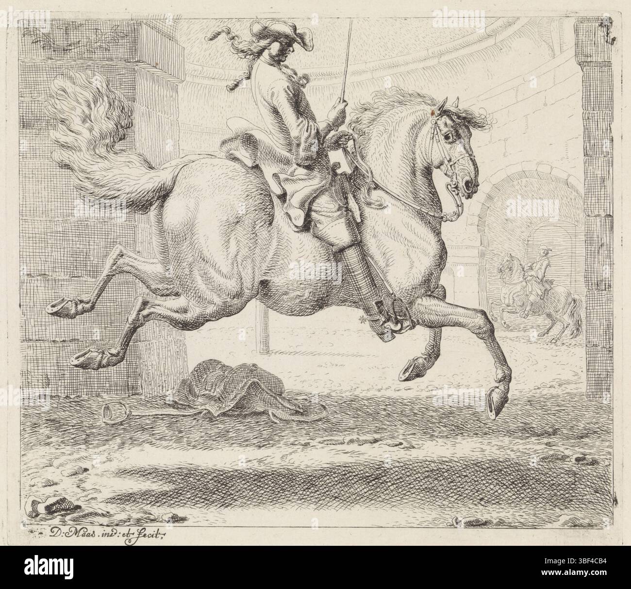 Maas, Dirk, unbekannt, Maas, Manege, Reiter mit Springpferd, hinten links unten - gestempelt, in einem Innenhof. Neben einer Wand befindet sich ein Sattel mit Steigbügeln. Im Hintergrund ein zweiter Fahrer an einem Tor., Druck, Höhe 204 mm, Breite 235 mm, Niederländisch, 12. September 1659 - 25. Dezember 1717, Druckerei, 1669 - 1717, Papier, Ätzen, Arbeitskonzept nach seinem eigenen Entwurf Stockfoto