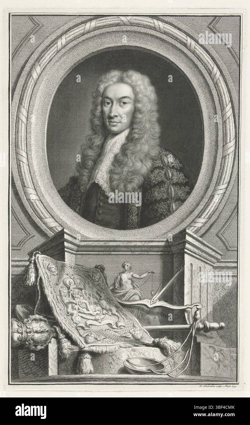 Banck, Jan van der, Amsterdam, Houbraken, Jacob, Porträt von Charles Talbot, 1. Herzog von Shrewsbury, 1. Baron Talbot van Hensol, Recto Mittelunterteil - handgeschrieben, Druck, rückwärts links unten - gestempelt, L. Tallot Lord Chanceller, Höhe 375 mm, Breite 235 mm, Noord-Nederlands, 1698-12-25-1780-11-14, Drucker, 1739 - 1739, Papier, Ätzen, Gravieren, Stift, 1694 - 12. 1739 Stockfoto