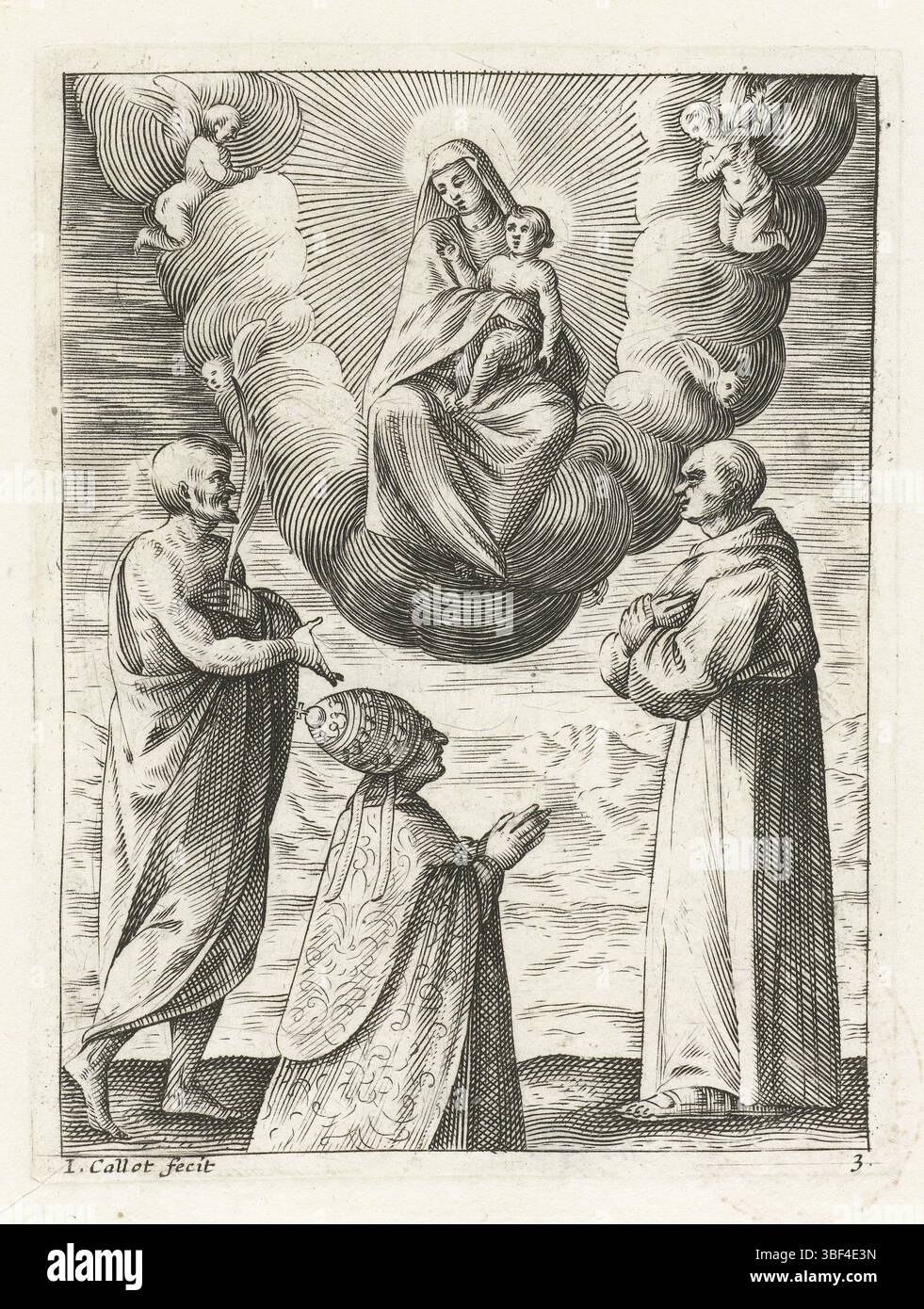 Sicciolante, Girolamo, Rom, Callot, Jacques, Gemälde und Skulpturen in Rom, Anbetung Mariens durch Papst Bonifatius VIII., Heiliger Crispinus und Heiliger Franziskus, Heiliger Bonifatius und Heiliger Franziskus, Anbetung Mariens durch Papst, Märtyrer und Geistlicher, Verso unter - Stempel, Ein Papst, ein Märtyrer und ein Geistlicher (identifiziert als Papst Bonifatius VIII, Heiliger Crispinus oder Heiliger Bonifatius und Heiliger Franziskus) verehren Maria, die in einer Wolke mit dem Christuskind ist), die in einer Wolke steht. Dieser Druck ist Teil einer Serie von 29 Darstellungen von Gemälden und Skulpturen in Kirchen in Rom mit den Nummern 1-16 und 1-13. (T Stockfoto