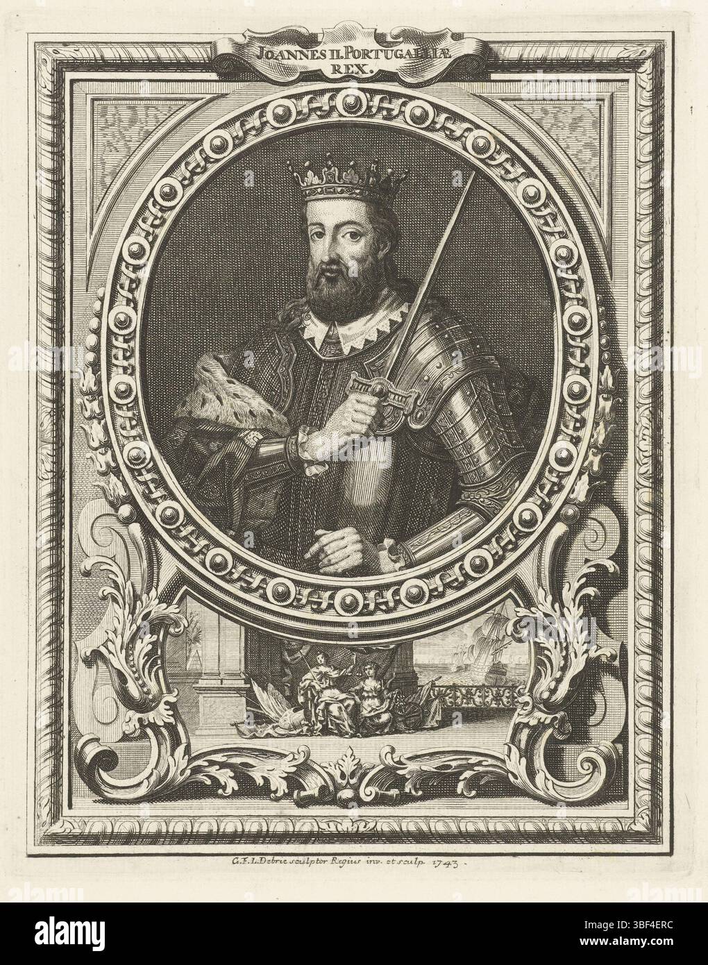 Debrie, Gabriel Francois Louis, Portugal, Debrie, Porträt von Johannes II., König von Portugal, Verso gestempelt, auf halbem Weg stehend, in Rüstung gekleidet, Zepter in der Hand und Krone auf dem Kopf, in einem ovalen Rahmen. Unter Kartusche mit Justitia und Abundance, sitzend bei Kriegstrophäen, alles im rechteckigen Rahmen., Druck, Höhe 226 mm, Breite 181 mm, Druckerei, 1743 - 1743, Papier, Ätzen, Arbeitskonzept, nach eigenem Entwurf von Stockfoto