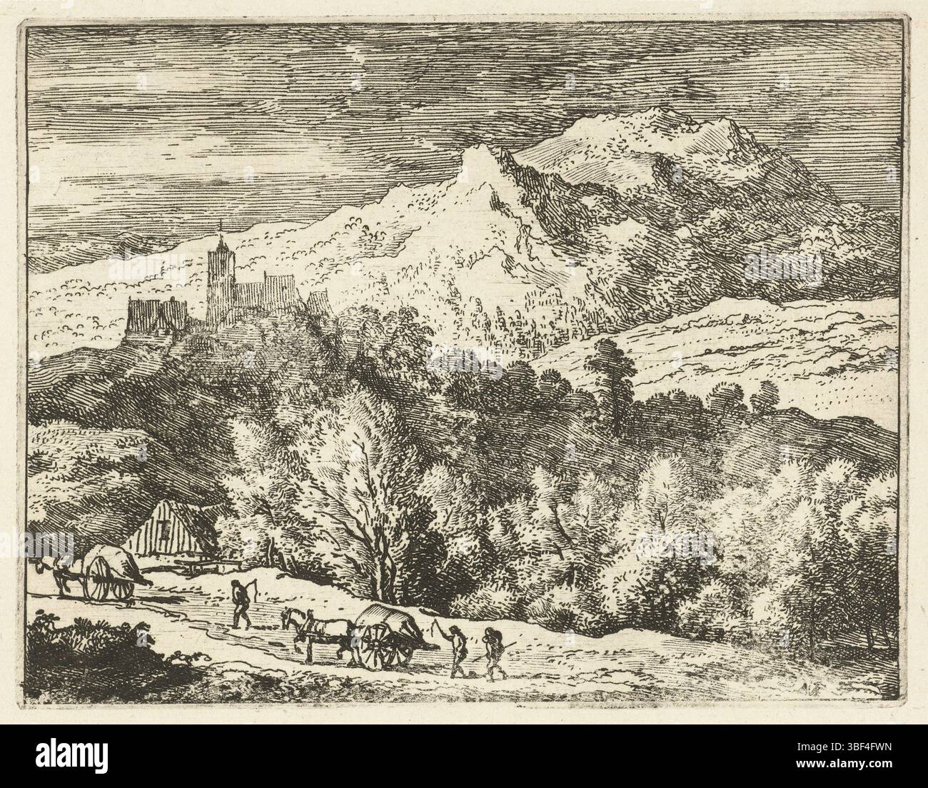 Niederlande, Everdingen, Allaert van, Landschaft mit zwei Wagen, Niederlande, Berglandscape mit drei Personen im Vordergrund zu Fuß und zwei Pferden und Autos. Im Hintergrund eine Kirche auf einem Berg., Druck, Höhe 123 mm, Breite 158 mm, Nordholländisch, 18.06.1621, 1675.11.08, Druckerei, 1631.1675, Papier, Ätzen, Ätzen Stockfoto