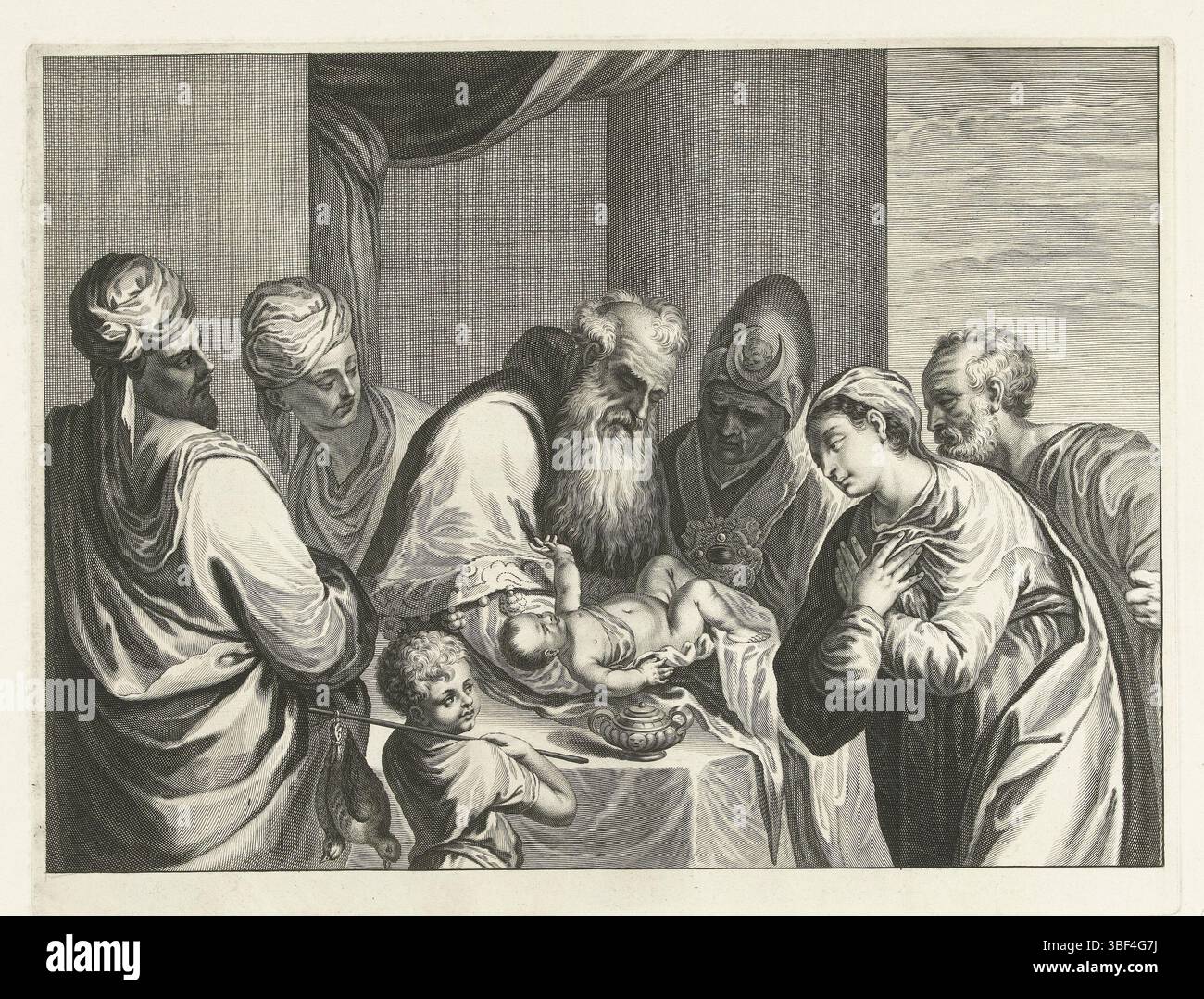 Italien, Schiavone, Andreas, Amsterdam, Falck, Jeremias, Darstellung Christi im Tempel, Italien, Verso - gestempelt hält der Hohepriester Christus über einem Tisch in seinen Armen. Ein Kind und fünf Erwachsene, darunter Joseph und Mary, Uhr, Druck, Höhe 293 mm, Breite 381 mm, 1609 - 1677-02-07, Druckerei, 1655 - 1677, Papier, Gravur, Gravur (Druckprozess) Stockfoto