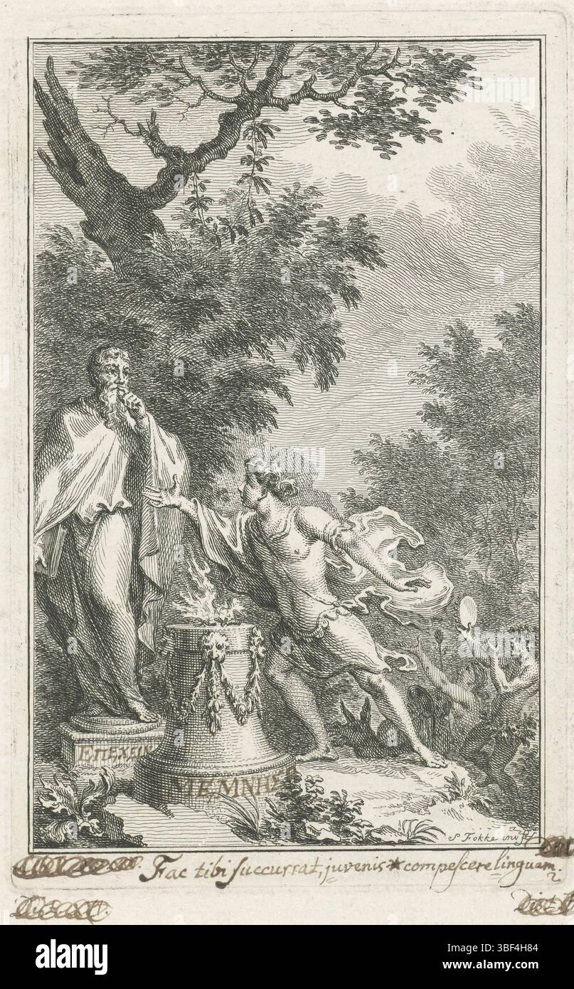 Fokke, Simon, Amsterdam, Fokke, Jongeman an einer Statue des Harpokrates, Recto - Handschrift in brauner Tinte, greift Ein junger Mann mit der Hand zur Statue des Harpokrates. Vor der Statue befindet sich eine brennende Opfersäule. Im Hintergrund ein Esel und tanzende Figuren mit Tamburin., Druck, verso - gestempelt, 2, FAC tibi succurat, juvenis * compescero linguam, Höhe 160 mm, Breite 102 mm, Noord-Nederlands, 01.09.1712, 1784-04-10, Druckerei, 1759 - 1759, Papier, Ätzen, Werkkonzeption, nach seinem eigenen Entwurf Stockfoto