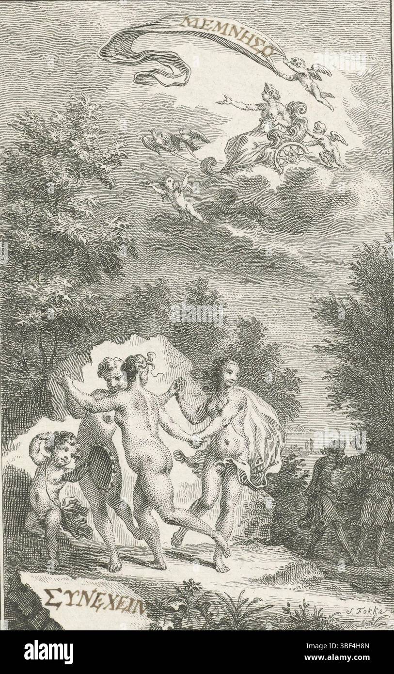 Fokke, Simon, Amsterdam, Fokke, Three Grates and a Cupid, Recto - Handschrift in brauner Tinte, die drei Trinkgelder tanzen zu der Musik, die einen Cupid auf seinem Tambourin macht. In der Luft wird Venus von zwei Tauben auf ihrem Siegeswagen gezogen. Im Hintergrund haben zwei Männer ein Gespräch., Druck, verso - gestempelt, 4, Diligito caros * Salvo tamen ante pudore, Höhe 159 mm, Breite 103 mm, Nordholländisch, 1712-09-01-1784-04-10, Drucker, 1759 - 1759, Papier, Ätzen, Arbeitskonzept, nach ihrem eigenen Design Stockfoto