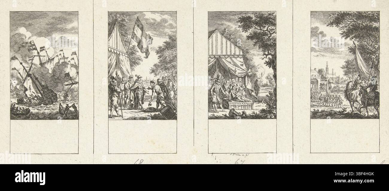 Fokke, Simon, Amsterdam, Fokke, Illustrationen zur niederländischen Geschichte, vier Episoden aus der niederländischen Geschichte, Recto - Handschrift in Bleistift, unbeschnittene Zeitschrift mit vier Aufführungen aus der niederländischen Geschichte. Von links nach rechts: Eroberung der Silberflotte durch Piet Heyn; Belagerung und Einverleibung Maastrichts unter der Leitung von Frederik Hendrik, Prinz von Orange; Ernst Casimir, Graf von Nassau-Dietz stirbt bei der Belagerung von Roermond; den Bosch erobert durch Frederik Hendrik, Prinz von Orange., Druck, verso - gestempelt, 65, 68, 67, 66, Höhe 116 mm, Breite 248 mm, Nord-Niederlande, 01.09.1712, 10.04.1784, printmak Stockfoto