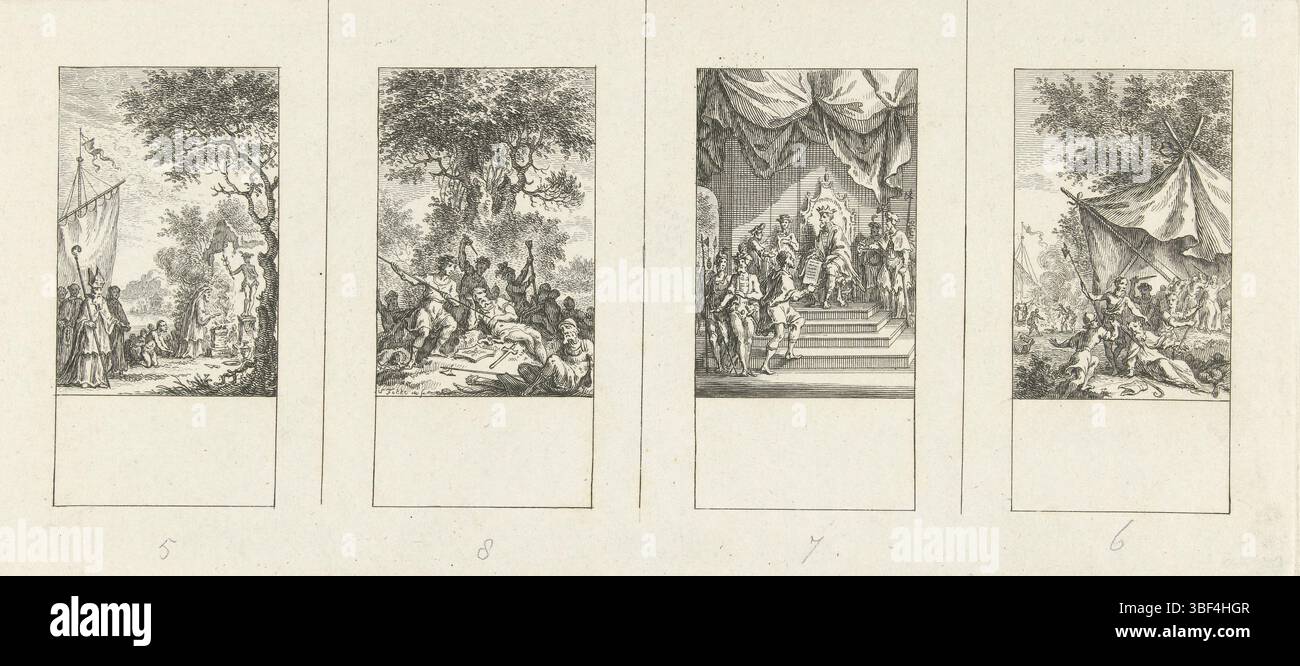 Fokke, Simon, Amsterdam, Fokke, Illustrationen zur niederländischen Geschichte, vier Episoden aus der niederländischen Geschichte, Recto - Handschrift in Bleistift, unbeschnittene Zeitschrift mit vier Aufführungen aus der niederländischen Geschichte. Von links nach rechts: Ankunft von Willibrord in Friesland; Mord an Floris V., Graf von Holland und Zeeland; Karl III. Der Simple verdankt Dirk I. von Holland der Kirche von Egmond; Bonifatius als Märtyrer, der unmittelbar nach seinem Tod heilig erklärt wurde., Druck, verso - gestempelt, 5, 8, 7, 6, Höhe 119 mm, Breite 261 mm, Nordholländisch, 01.09.1712 - 10.04.1784, Druckerei, 1722 - 1784, Papier, Ätzen, Arbeitskonz Stockfoto