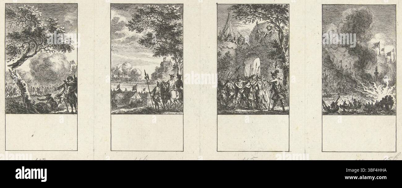 Fokke, Simon, Amsterdam, Fokke, Illustrationen zur niederländischen Geschichte, vier Episoden aus der niederländischen Geschichte, Recto - Handschrift in Bleistift, unbeschnittene Zeitschrift mit vier Aufführungen aus der niederländischen Geschichte. Von links nach rechts: Schlacht am Boyne; Eroberung und Eroberung Namurs; Bürgermeister Westerwijk in geht aus dem Gefängnis heraus; Seaslag bij Kaap la Hogue., Druck, verso - gestempelt, 113, 116, 115, 114, Höhe 110 mm, Breite 245 mm, Noord-Nederlands, 01.09.1712 - 10.04.1784, Druckerei, 1722 - 1784, Papier, Ätzen, Arbeitskonzept nach seinem eigenen Entwurf Stockfoto