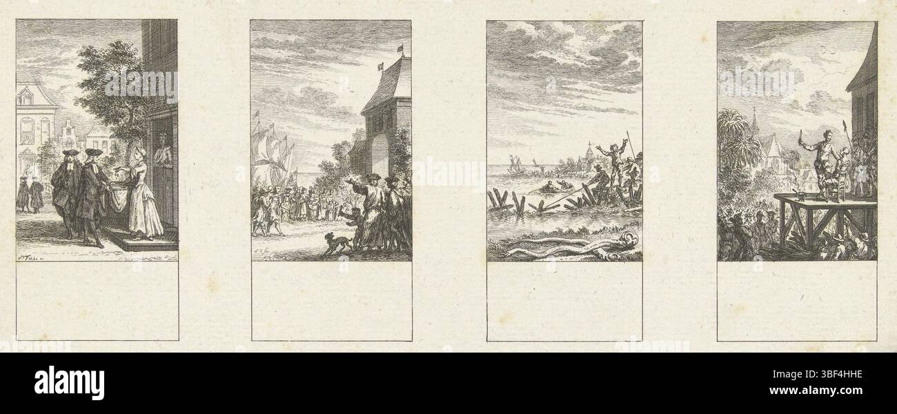 Fokke, Simon, Amsterdam, Fokke, Illustrationen zur niederländischen Geschichte, vier Episoden aus der niederländischen Geschichte, Recto - Handschrift in Bleistift, unbeschnittene Zeitschrift mit vier Aufführungen aus der niederländischen Geschichte. Von links nach rechts: Collectes für die vertriebenen Piemont; Aufnahme der Salzburger in den Niederlanden; von einer seltsamen Meeresbewohner genagtes Pfandstück; Urteil des Gouverneurs von Ceylon, Petrus Vuijst., Druck, verso - gestempelt, 149, 152, 151, 150, Höhe 112 mm, Breite 249 mm, Nord-Niederländisch, 01.09.1712, 1784-04-10, Druckerei, 1722-1784, Papier, Ätzen, Arbeitskonzept, nach seinem eigenen Entwurf Stockfoto