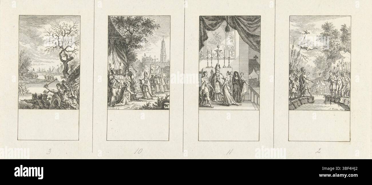 Fokke, Simon, Amsterdam, Fokke, Illustrationen zur niederländischen Geschichte, vier Episoden aus der niederländischen Geschichte, Recto - Handschrift in Bleistift, unbeschnittene Zeitschrift mit vier Aufführungen aus der niederländischen Geschichte. Von links nach rechts: Bataven dominiert von den Franken; Bischof von Utrecht; Willem I., Graf von Holland im Adel; Verbindung zwischen Bataven und Römern., Druck, verso - gestempelt, 3, 10, 11, 2, Höhe 115 mm, Breite 261 mm, Nordholländisch, 01.09.1712 - 10.04.1784, Druckerei, 1722 - 1784, Papier, Ätzen, Arbeitskonzept nach seinem eigenen Entwurf Stockfoto