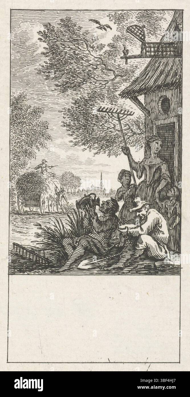 Amsterdam, Fokke, Simon, die zwölf Monate, Juli, Amsterdam, verso - gestempelt, aus einer Serie von zwölf Drucken, die Phantasie des Monats Juli. Zwei Bauern legen ihren Rechen und ihre Schaufel nieder, um zu essen und zu trinken. Dahinter steht ein Bauer mit zwei Kindern an der Tür eines Bauernhofs, Druck, Höhe 105 mm, Breite 62 mm, Noord-Nederlands, 01.09.1712 - 10.04.1784, Druckerei, 1722 - 1784, Papier, Ätzen, Ätzen Stockfoto