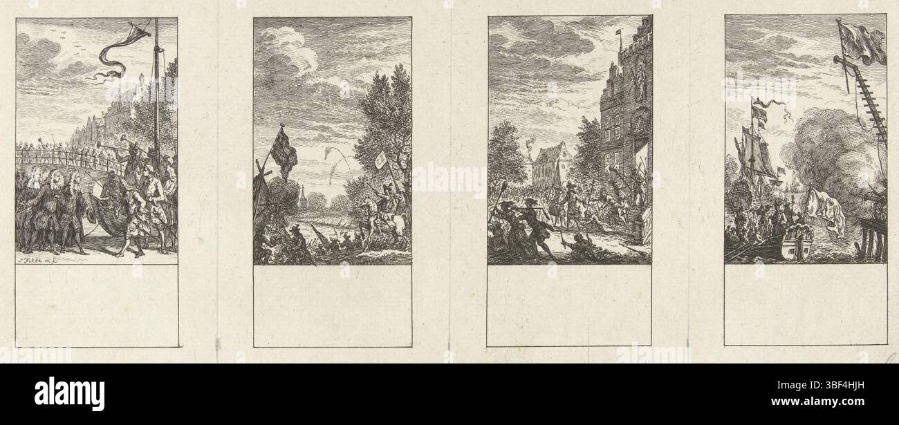 Fokke, Simon, Amsterdam, Fokke, Illustrationen zur niederländischen Geschichte, vier Episoden aus der niederländischen Geschichte, Recto - Handschrift in Bleistift, unbeschnittene Zeitschrift mit vier Aufführungen aus der niederländischen Geschichte. Von links nach rechts: Besuch von Friedrich I., König von Preußen nach Amsterdam; Fahrt mit Tournai; Verteilung in Middelburg; Ankunft der Niederländisch-englischen Flotte mit Karl VI., deutscher Kaiser in Lissabon., Druck, rückseitig - gestempelt, 125, 128, 127, 126, Höhe 114 mm, Breite 247 mm, Nordholländisch, 01.09.1712 - 10.04.1784, Druckerei, 1722 - 1784, Papier, Ätzen, Arbeitskonzept nach seinem eigenen Entwurf Stockfoto