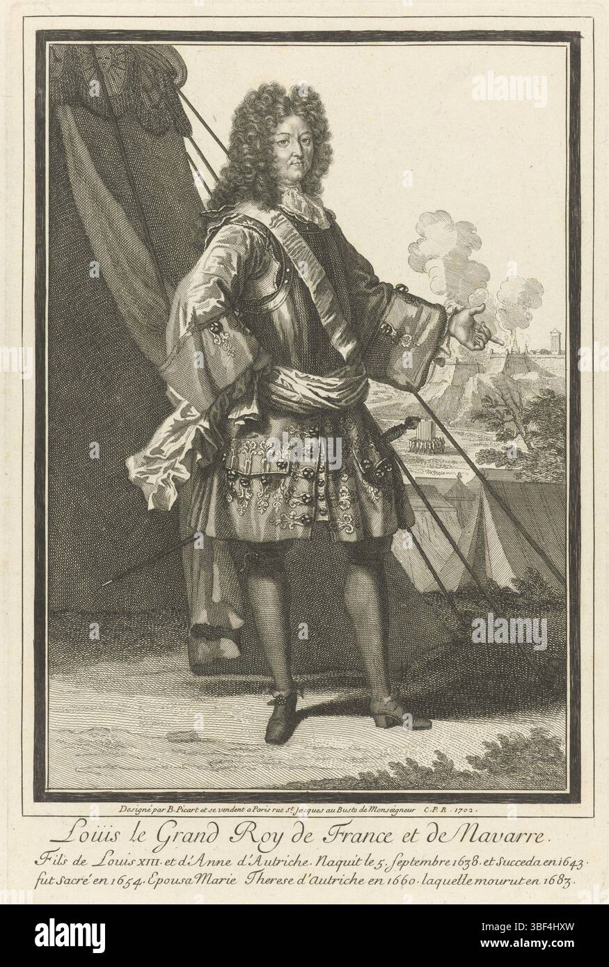 Ludwig XIV. (König von Frankreich), Paris, Picart, Etienne, Bernard, Mitglieder der französischen Königsfamilie, Porträt von Ludwig XIV., König von Frankreich und Navarra, in der Mitte des Randes - graviert, König von Frankreich und Navarra. Er ist vor einem Armeezelt. Er zeigt auf die Belagerung einer Stadt im Hintergrund. Am Rand eine zweizeilige Unterschrift auf Französisch, Druck, Kostümdruck, Drucke, rückseitig - gestempelt, Louis le Grand Roy de France et de Navarre, Höhe 310 mm, Breite 205 mm, Noord-Nederlands, 11.06.2008 - 1673 1733-05-08, Druckerei, 1702 - 1702, 1. Quartal 18. Jahrhundert, Papier, Ätzen, Gravur, Gravur Stockfoto
